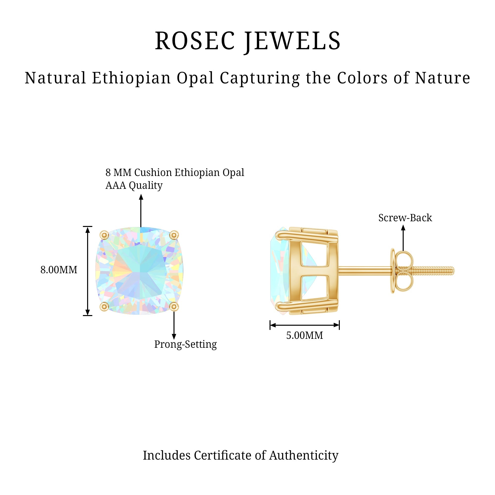 3 Carat Cushion Cut Ethiopian Opal Solitaire Stud Earrings