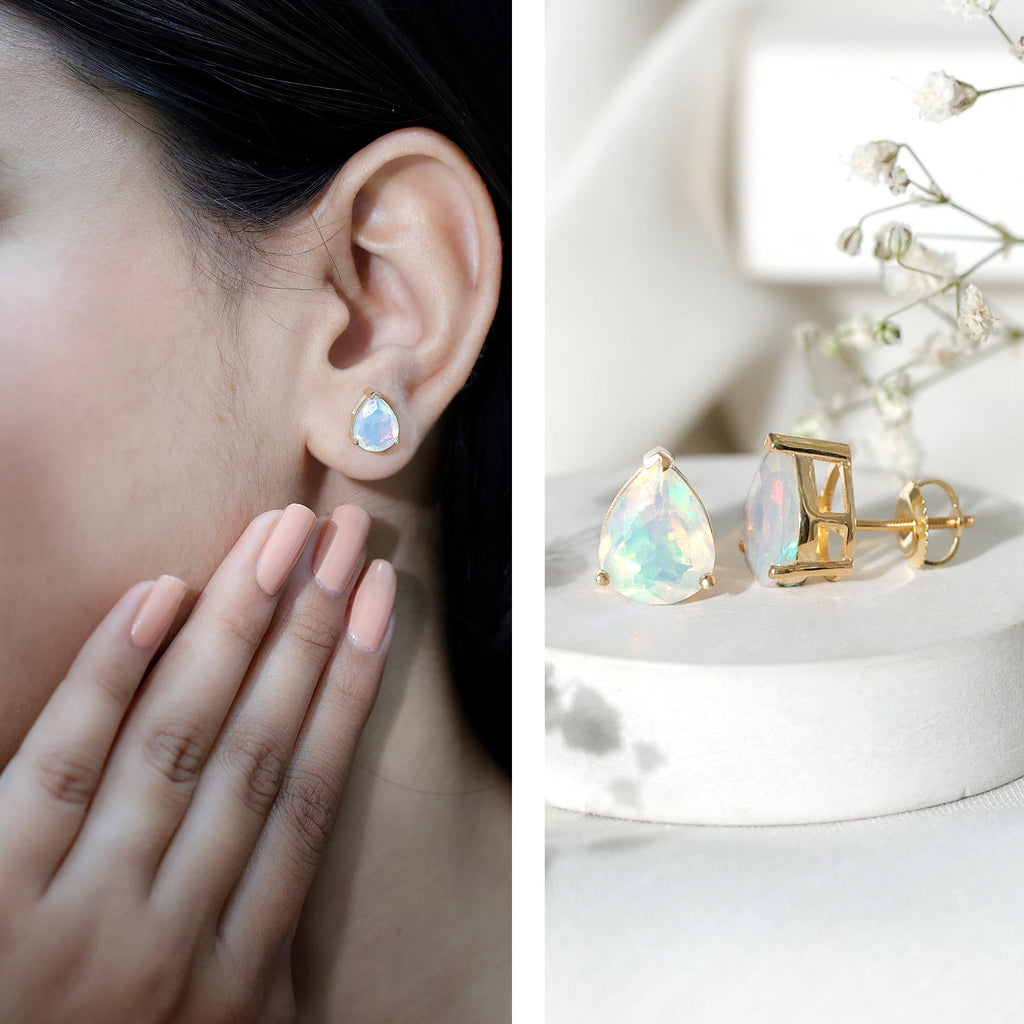 Pear Cut Ethiopian Opal Solitaire Stud Earrings
