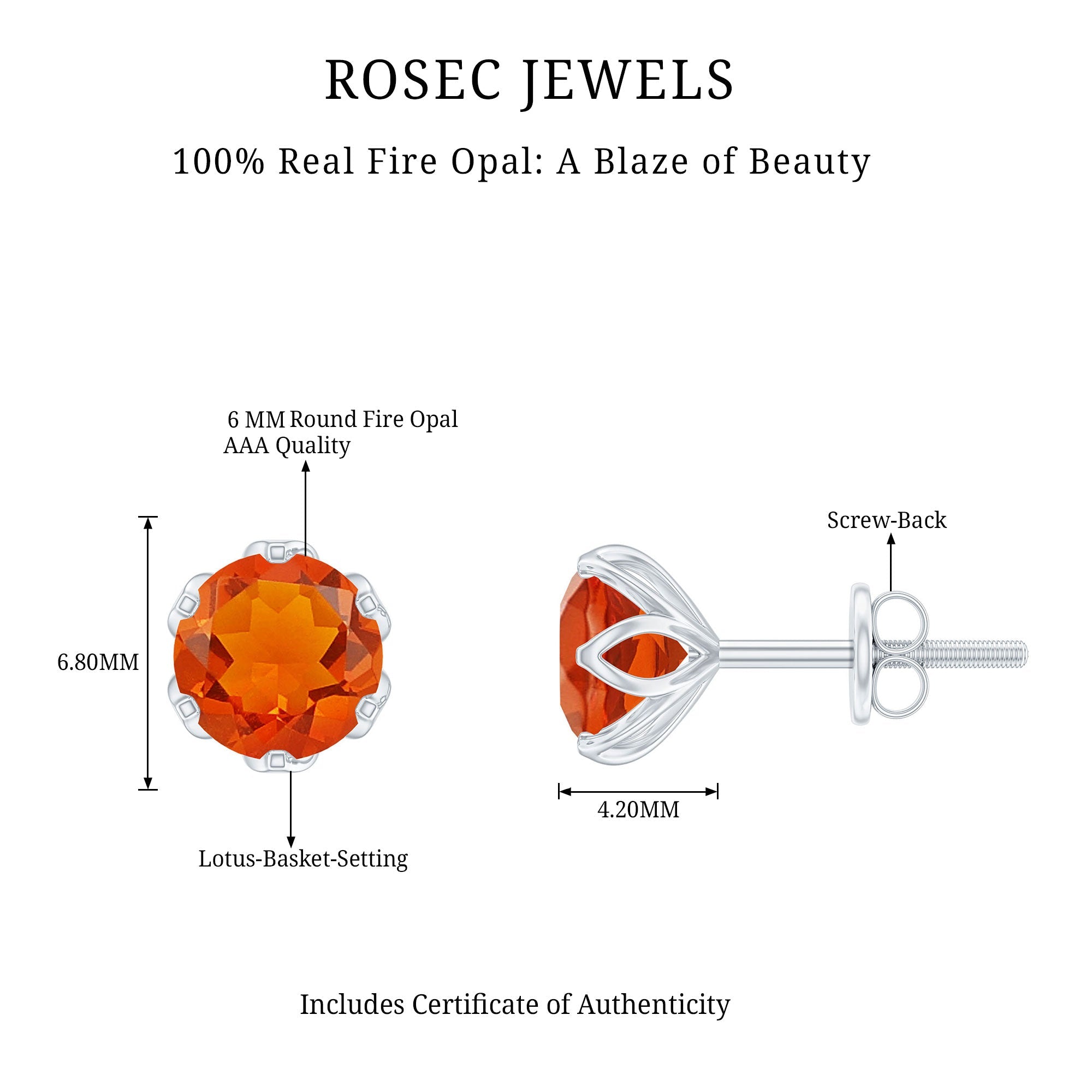 Certified Natural Fire Opal Stud Earrings with Screw Back
