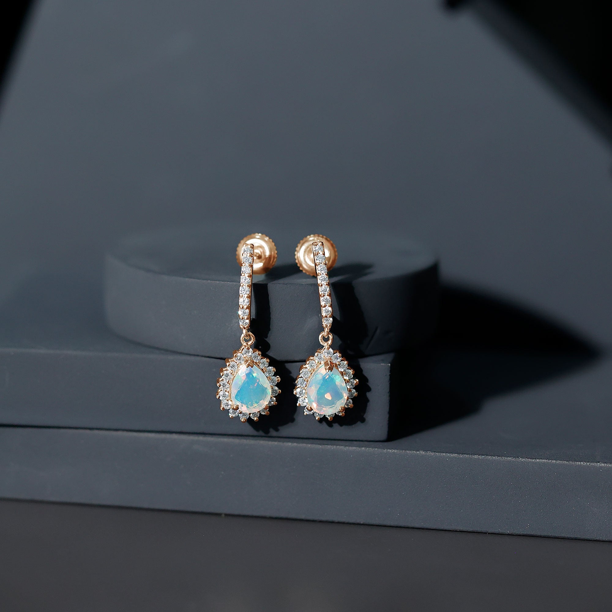 Natural Ethiopian Opal Teardrop Bridal Earrings with Moissanite Accent