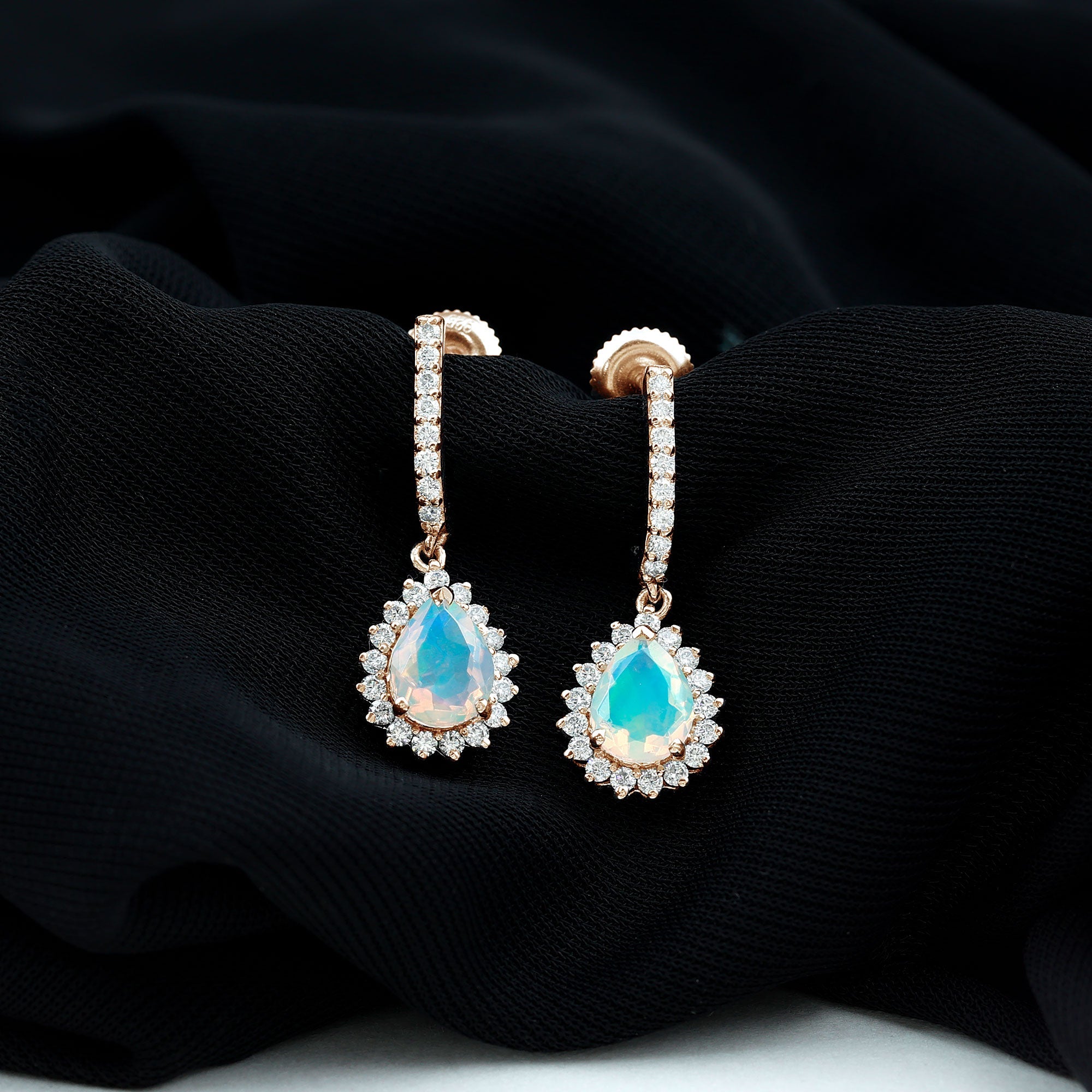 Natural Ethiopian Opal Teardrop Bridal Earrings with Moissanite Accent