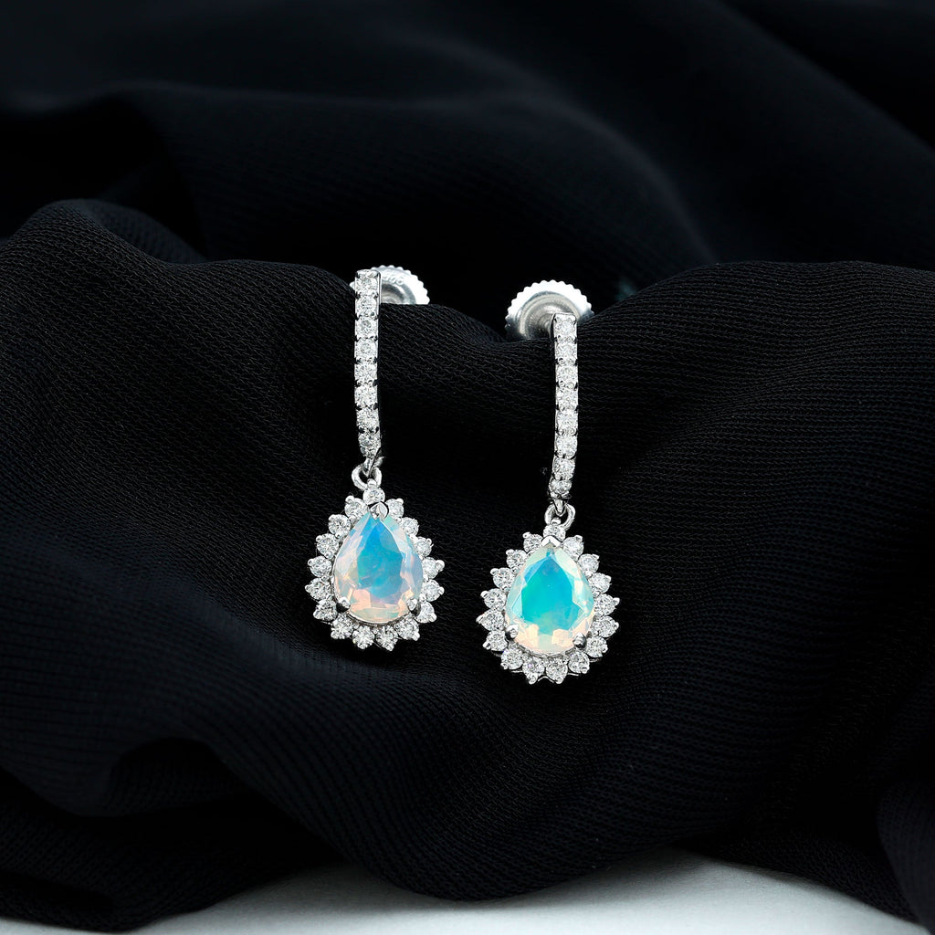 Natural Ethiopian Opal Teardrop Bridal Earrings with Moissanite Accent