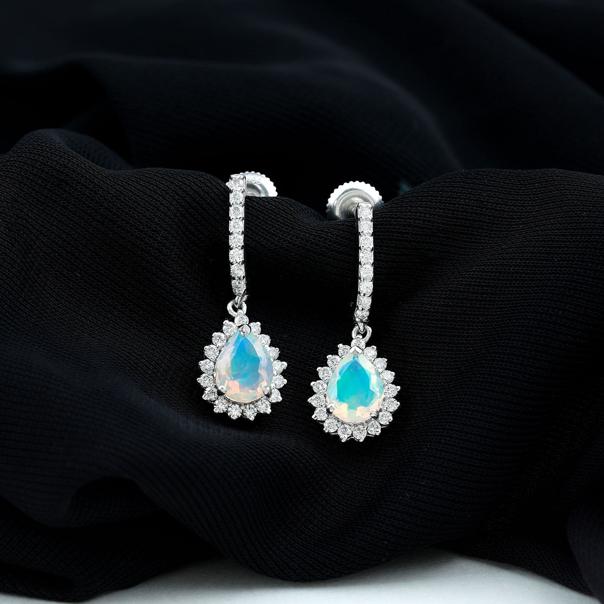 Natural Ethiopian Opal Teardrop Bridal Earrings with Moissanite Accent