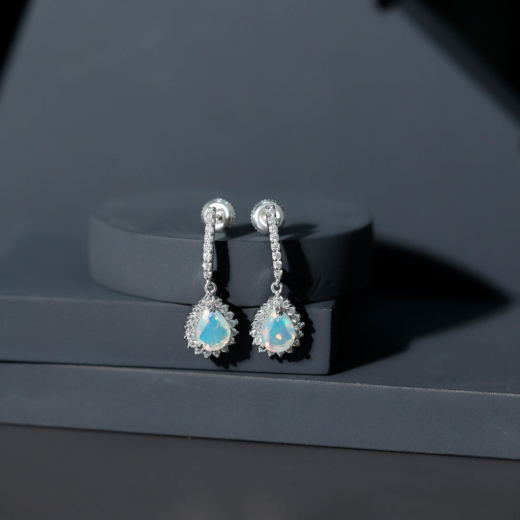 Natural Ethiopian Opal Teardrop Bridal Earrings with Moissanite Accent