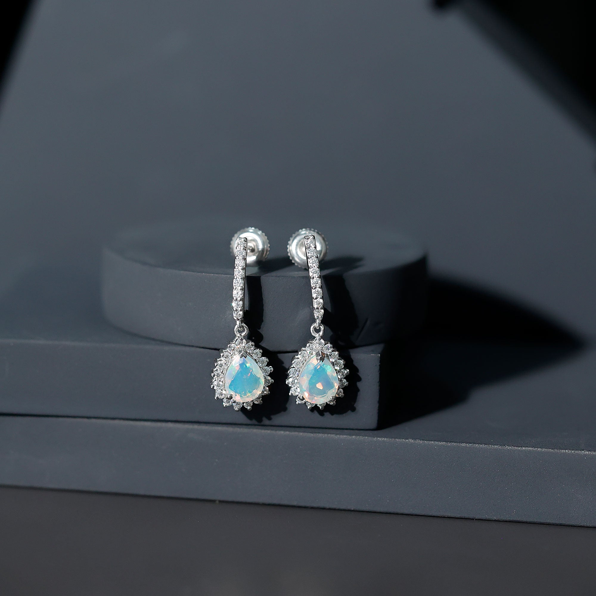 Natural Ethiopian Opal Teardrop Bridal Earrings with Moissanite Accent