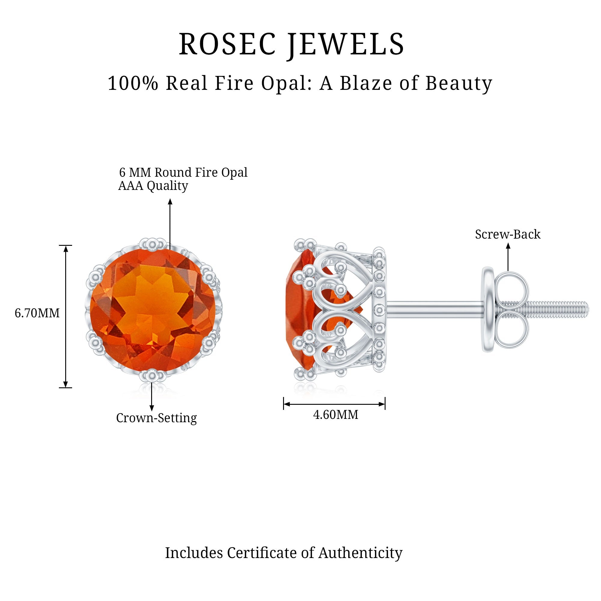 1.5 Carat Fire Opal Solitaire Crown Stud Earrings
