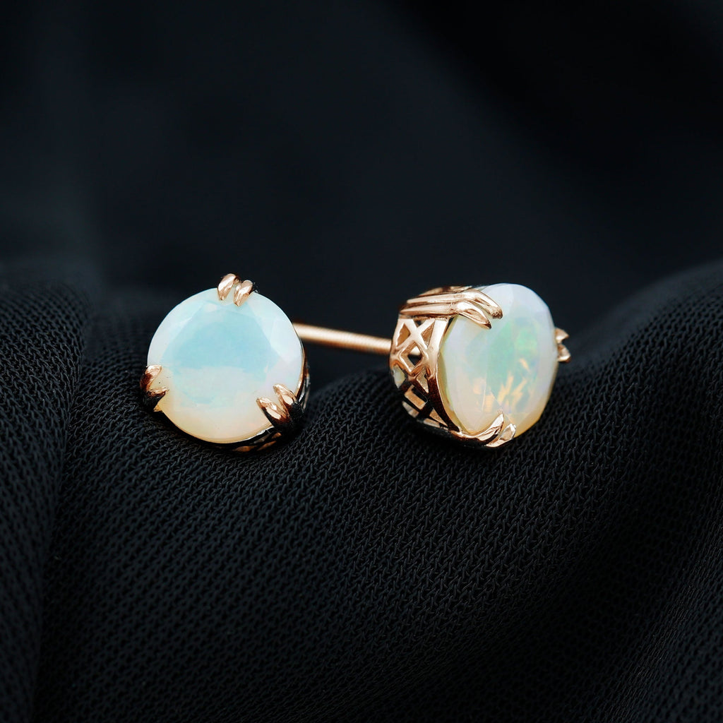 8MM Ethiopian Opal Solitaire Stud Earrings in Double Prong Setting