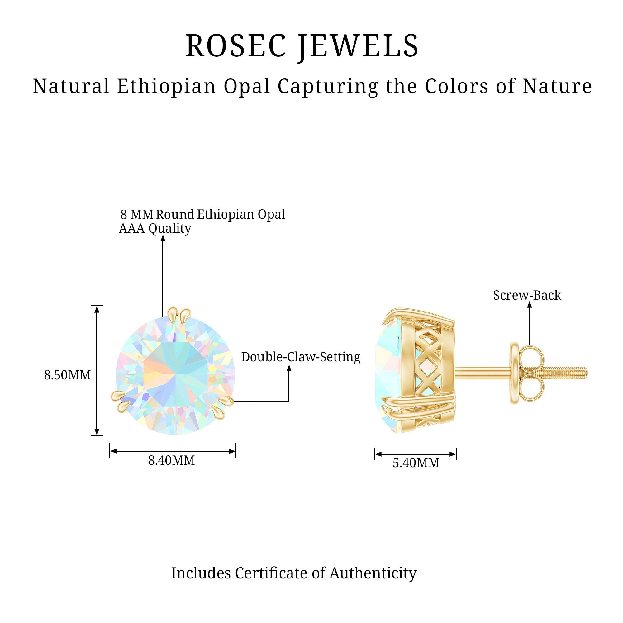 8MM Ethiopian Opal Solitaire Stud Earrings in Double Prong Setting