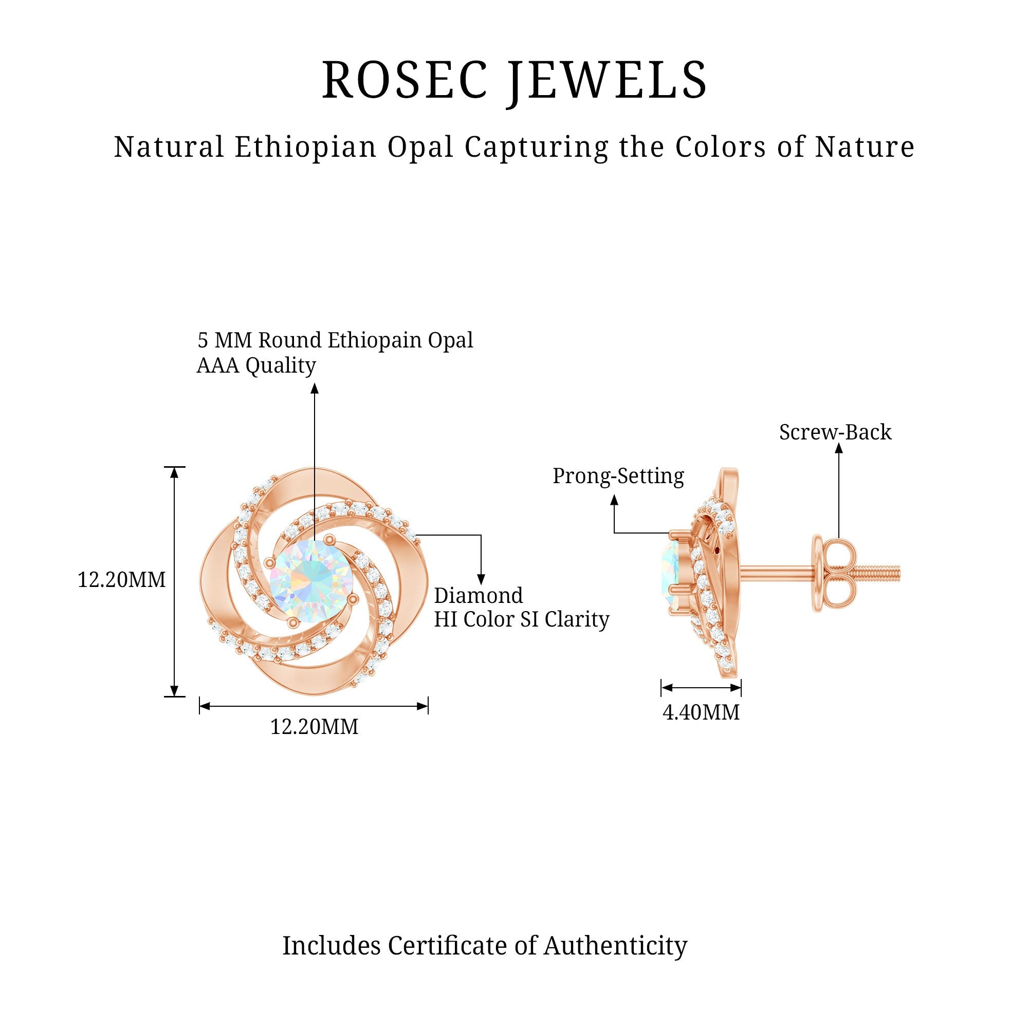 Genuine Ethiopian Opal and Diamond Swirl Stud Earrings