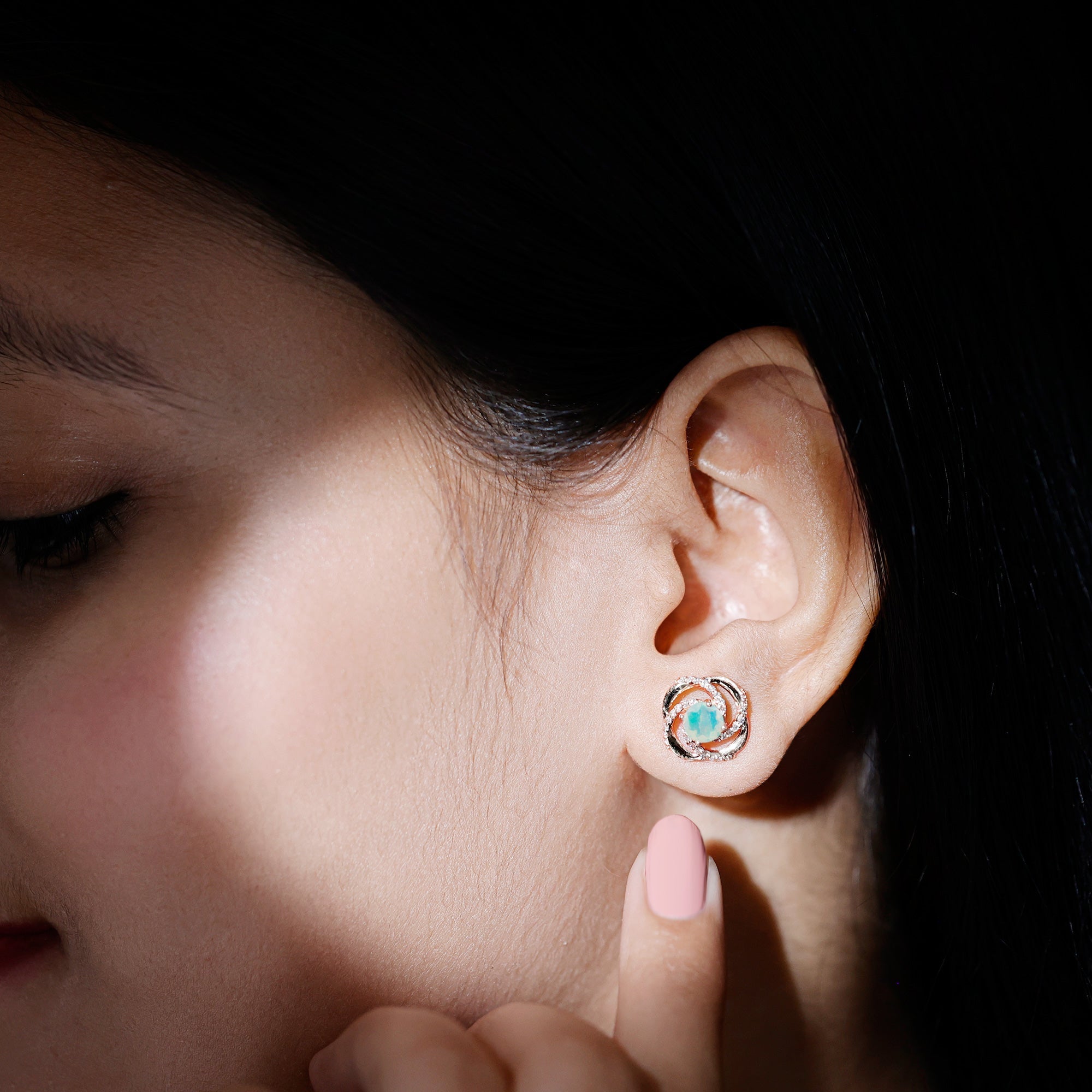 Genuine Ethiopian Opal and Diamond Swirl Stud Earrings