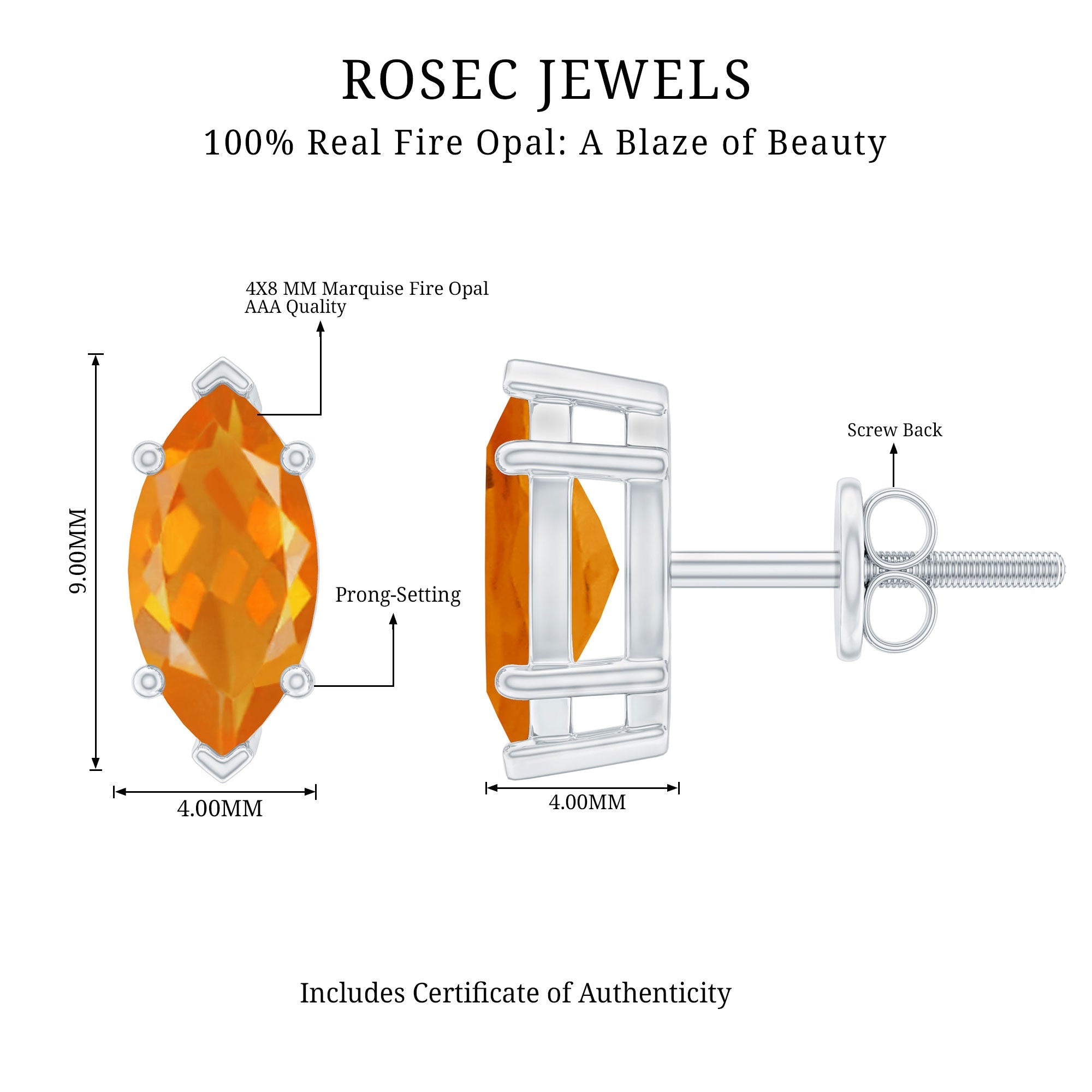 Natural Marquise Fire Opal Stud Earrings with Screw Back