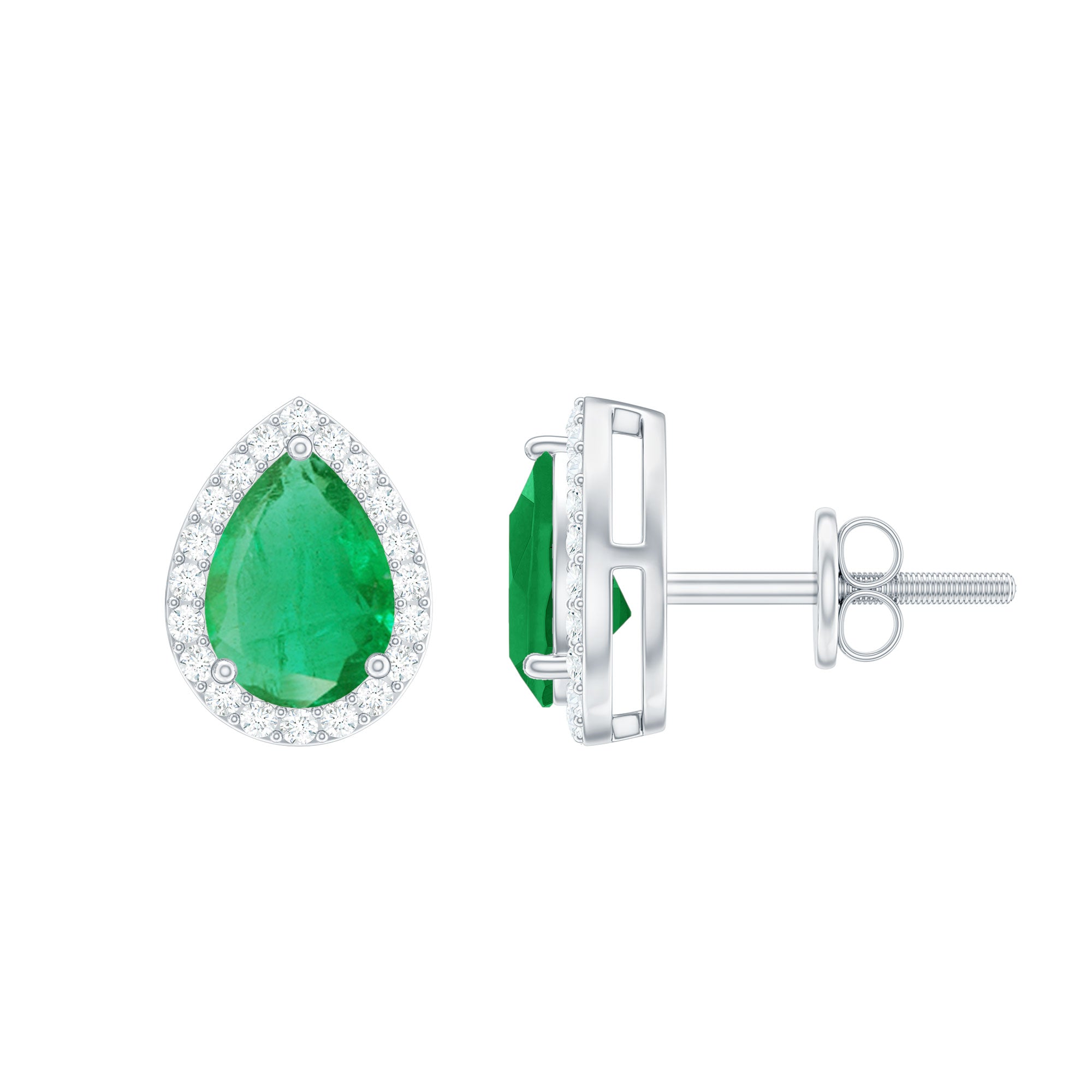 Natural 5X7mm Pear Shape Emerald Stud Earrings with Diamond Halo
