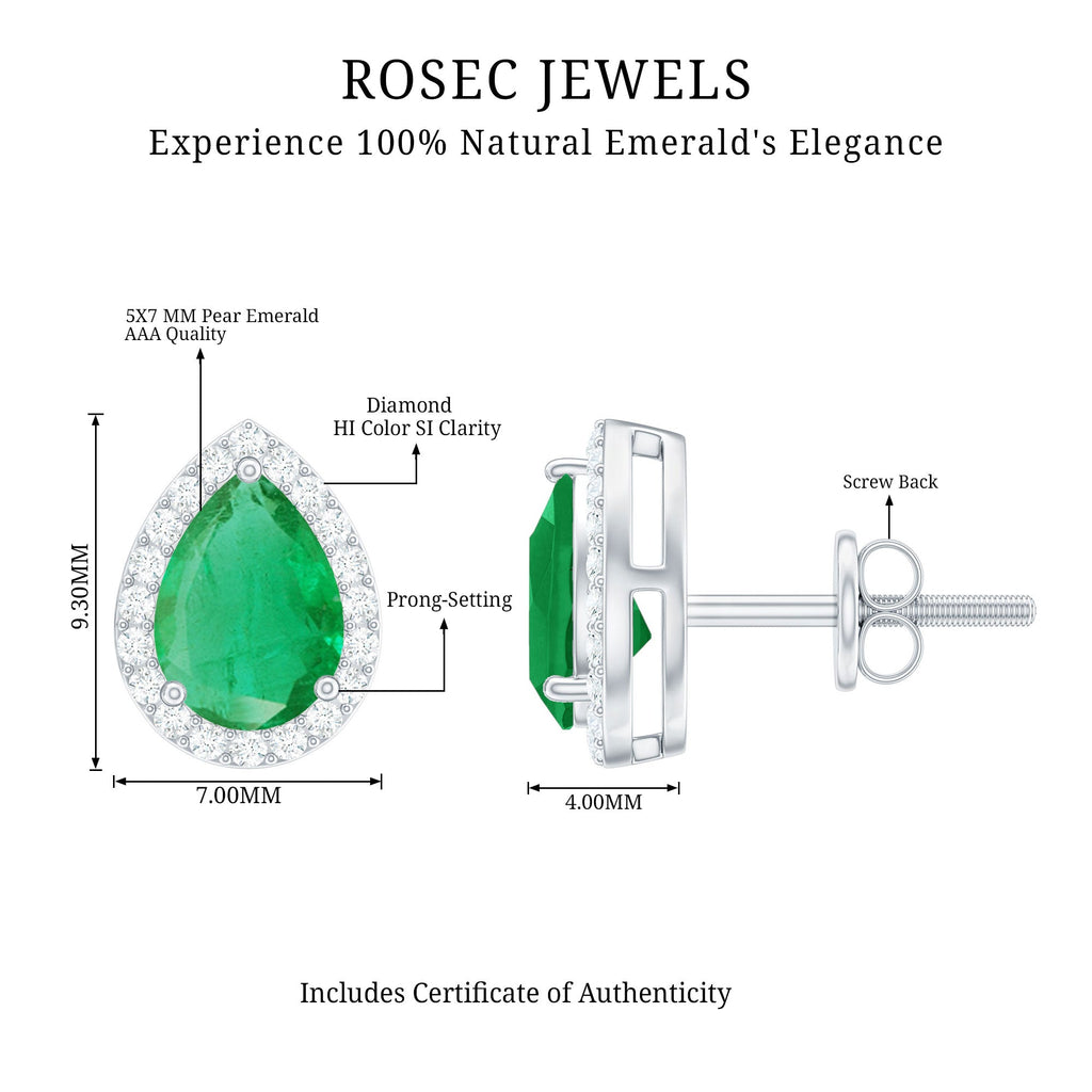 Natural 5X7mm Pear Shape Emerald Stud Earrings with Diamond Halo