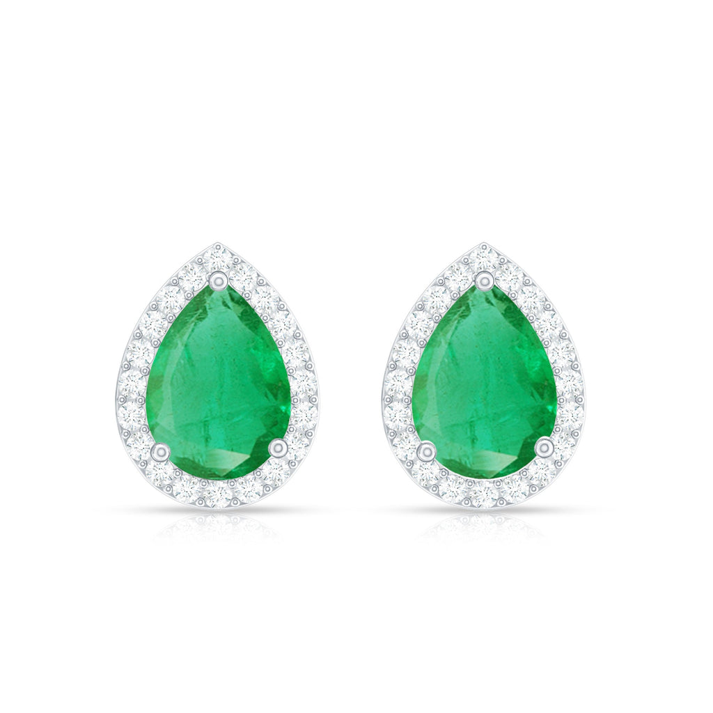 Natural 5X7mm Pear Shape Emerald Stud Earrings with Diamond Halo