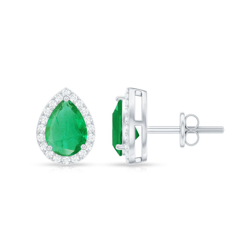 Natural 5X7mm Pear Shape Emerald Stud Earrings with Diamond Halo
