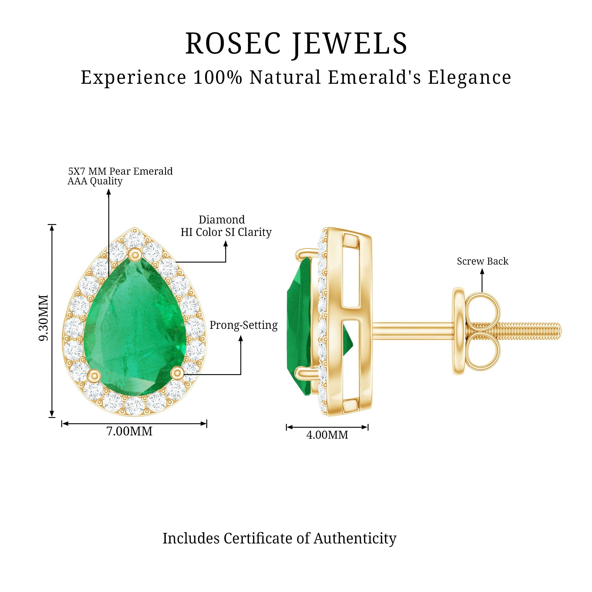 Natural 5X7mm Pear Shape Emerald Stud Earrings with Diamond Halo