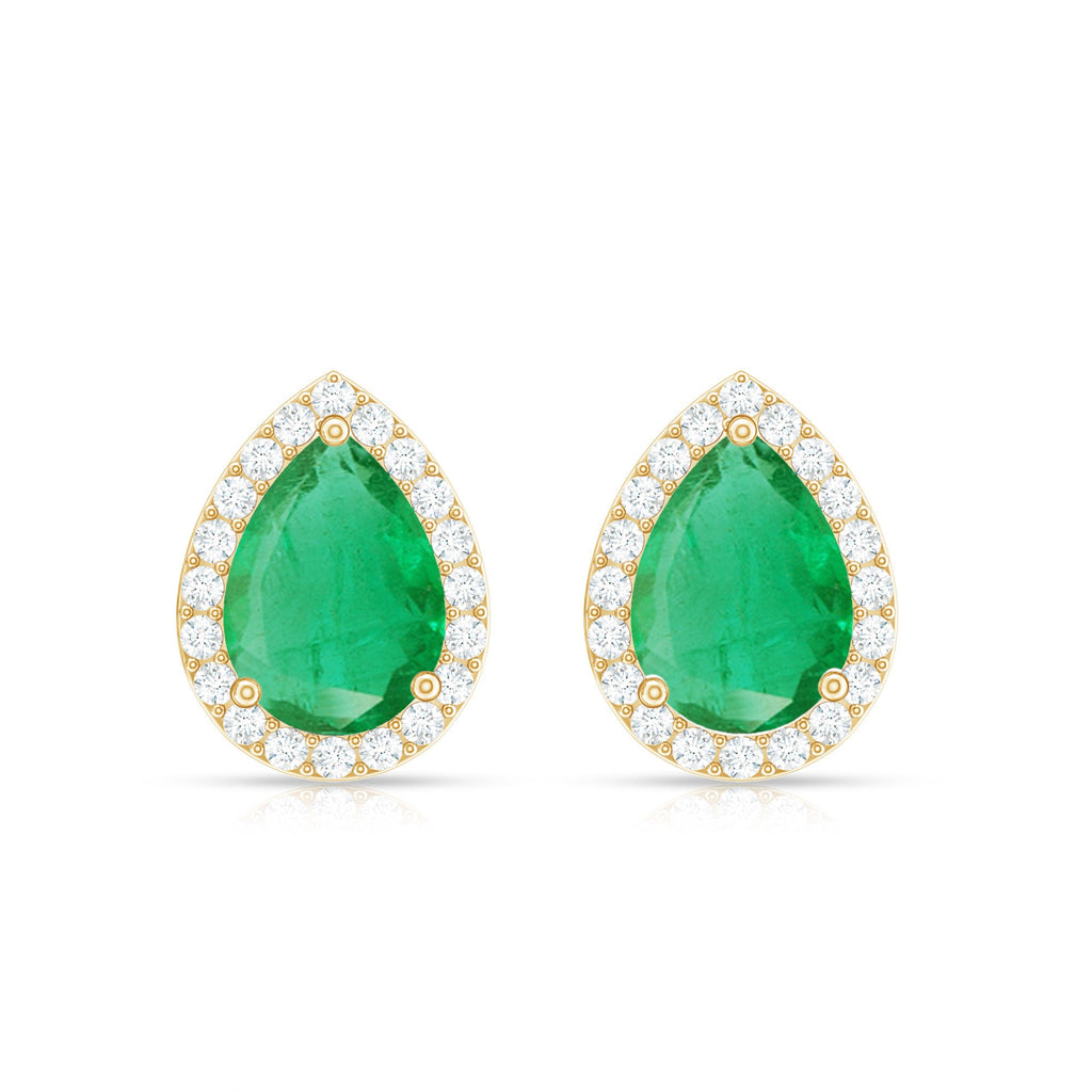 Natural 5X7mm Pear Shape Emerald Stud Earrings with Diamond Halo
