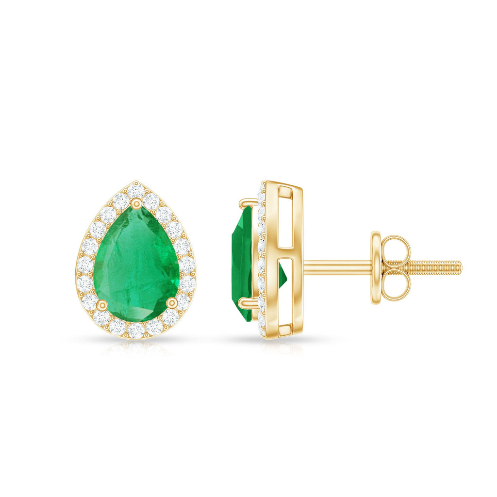 Natural 5X7mm Pear Shape Emerald Stud Earrings with Diamond Halo