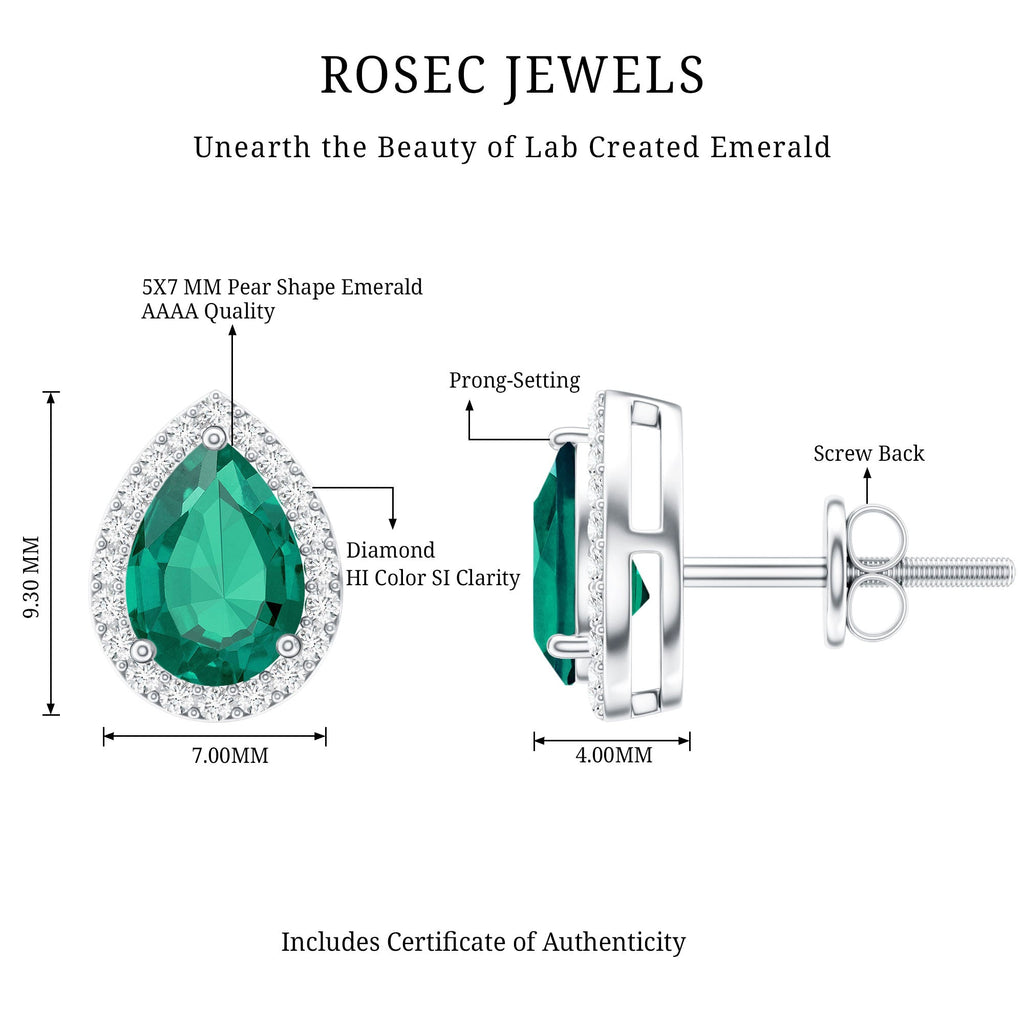 Lab Created Emerald Teardrop Stud Earrings with Diamond Halo