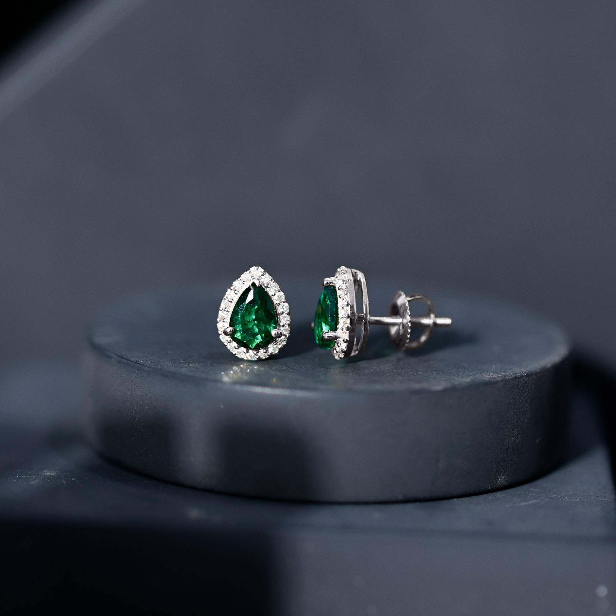 Lab Created Emerald Teardrop Stud Earrings with Diamond Halo