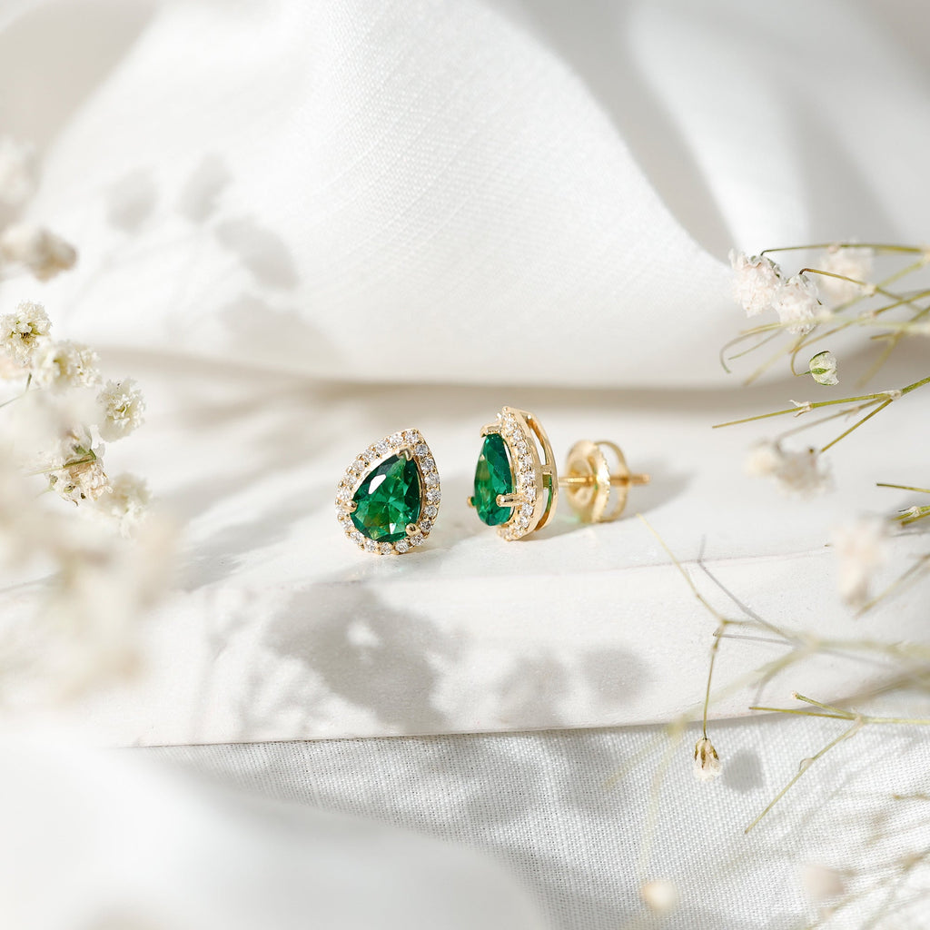 Lab Created Emerald Teardrop Stud Earrings with Diamond Halo