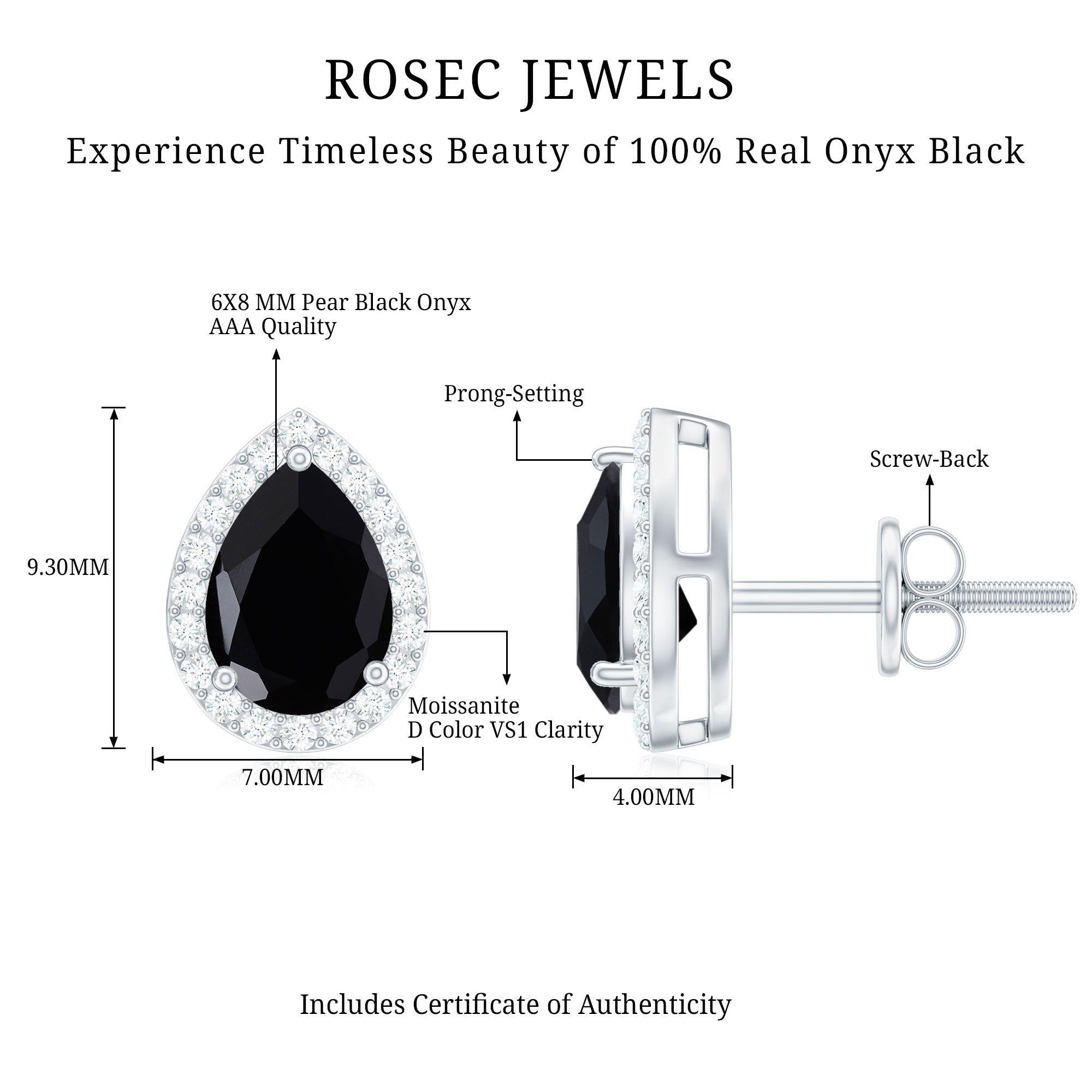 2 Carat Pear Cut Black Onyx and Moissanite Stud Earrings