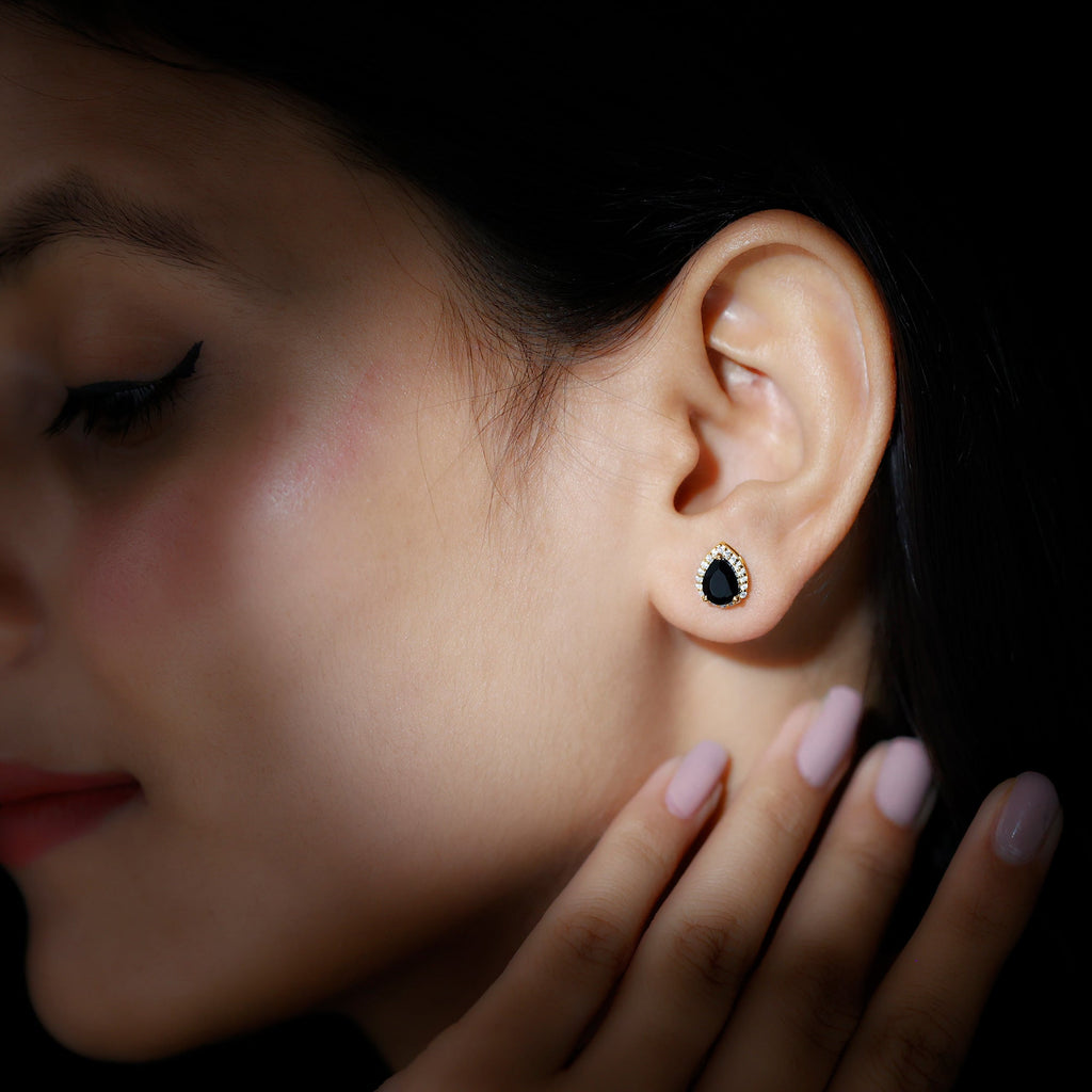 2 Carat Pear Cut Black Onyx and Moissanite Stud Earrings