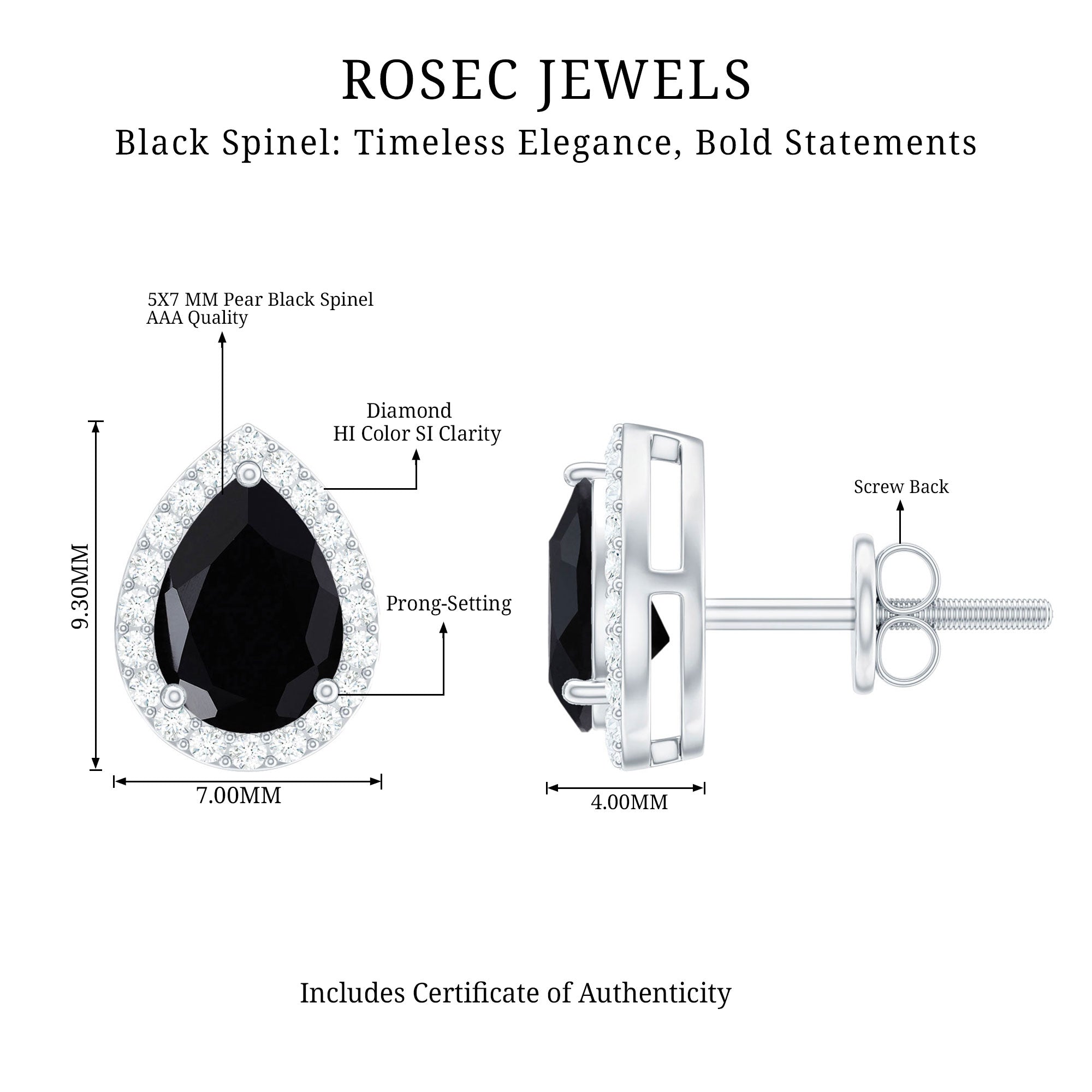 Natural 5X7 mm Pear Shape Black Spinel Earrings with Diamond Halo