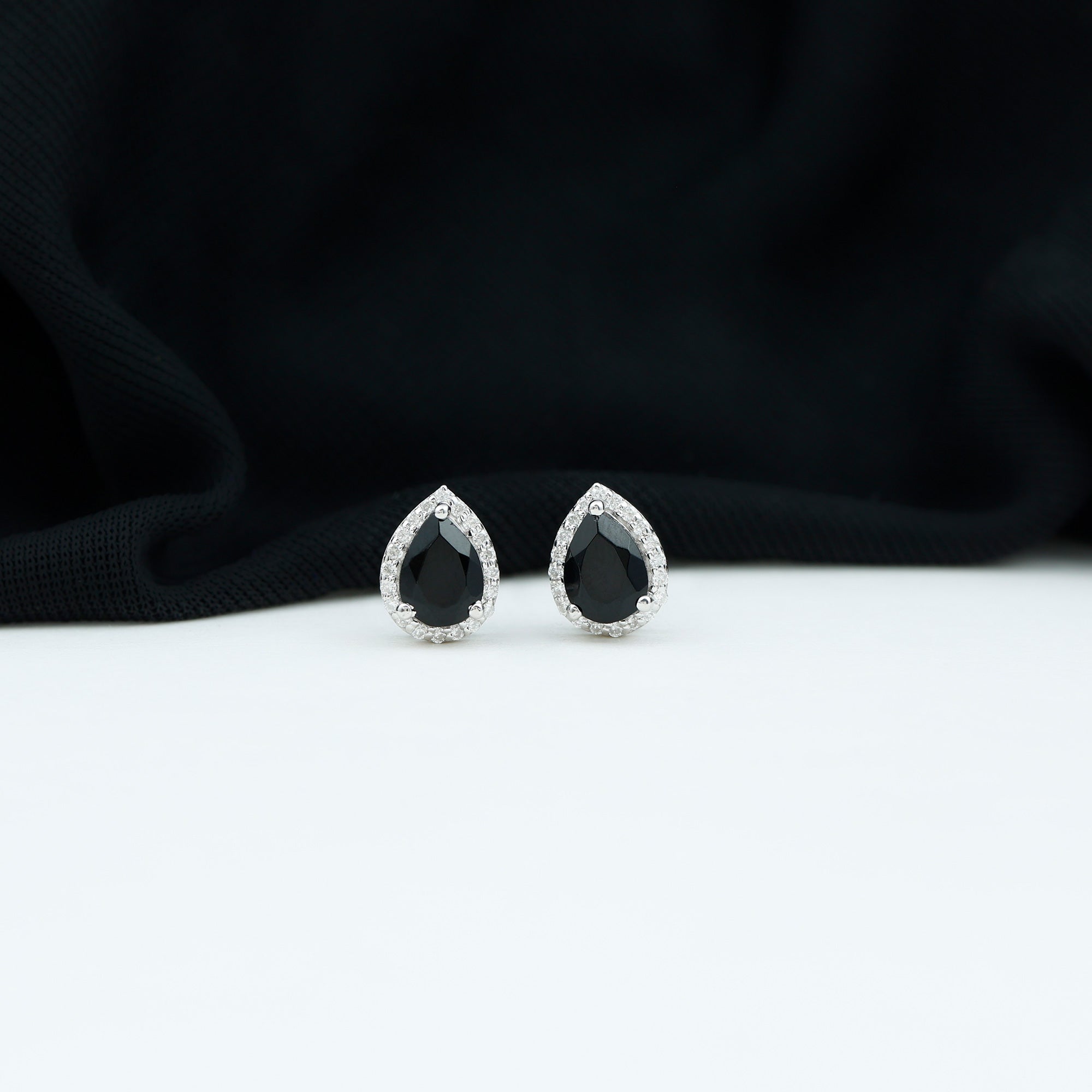 Natural 5X7 mm Pear Shape Black Spinel Earrings with Diamond Halo