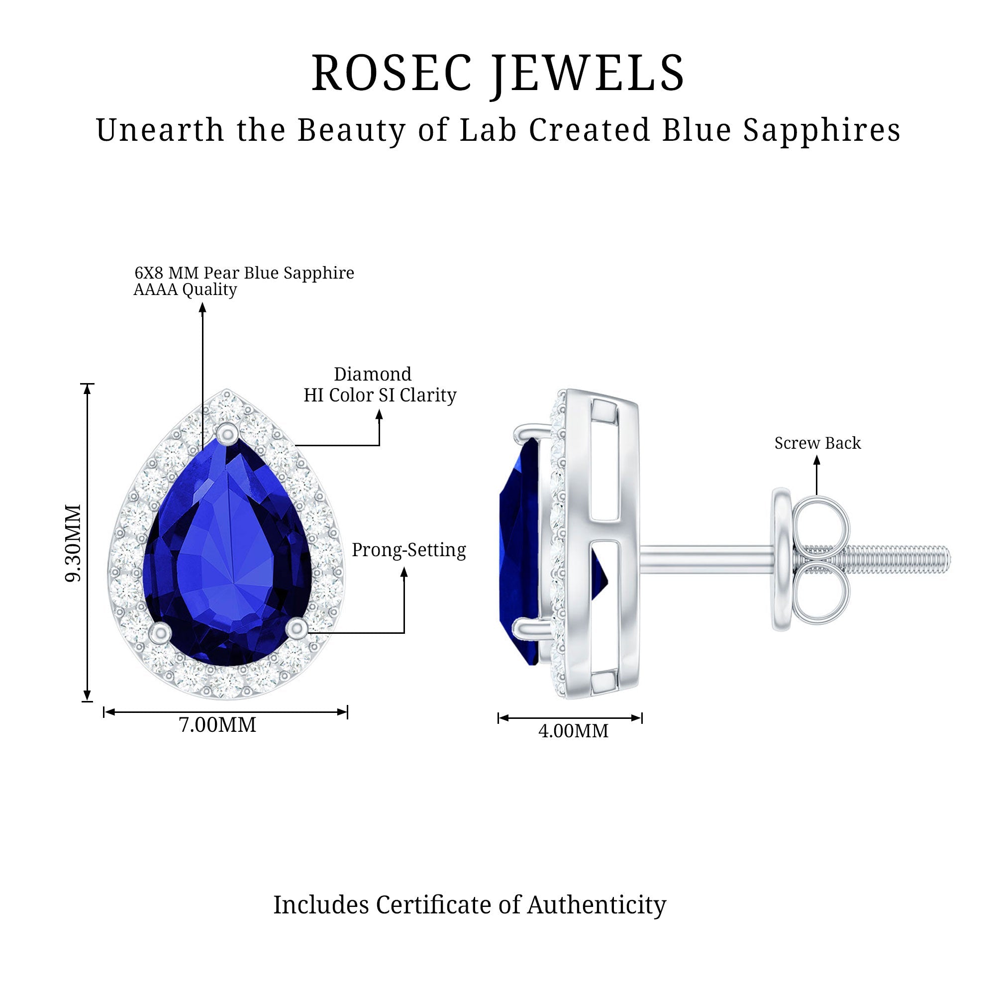 Certified Lab Created Blue Sapphire and Diamond Stud Earrings