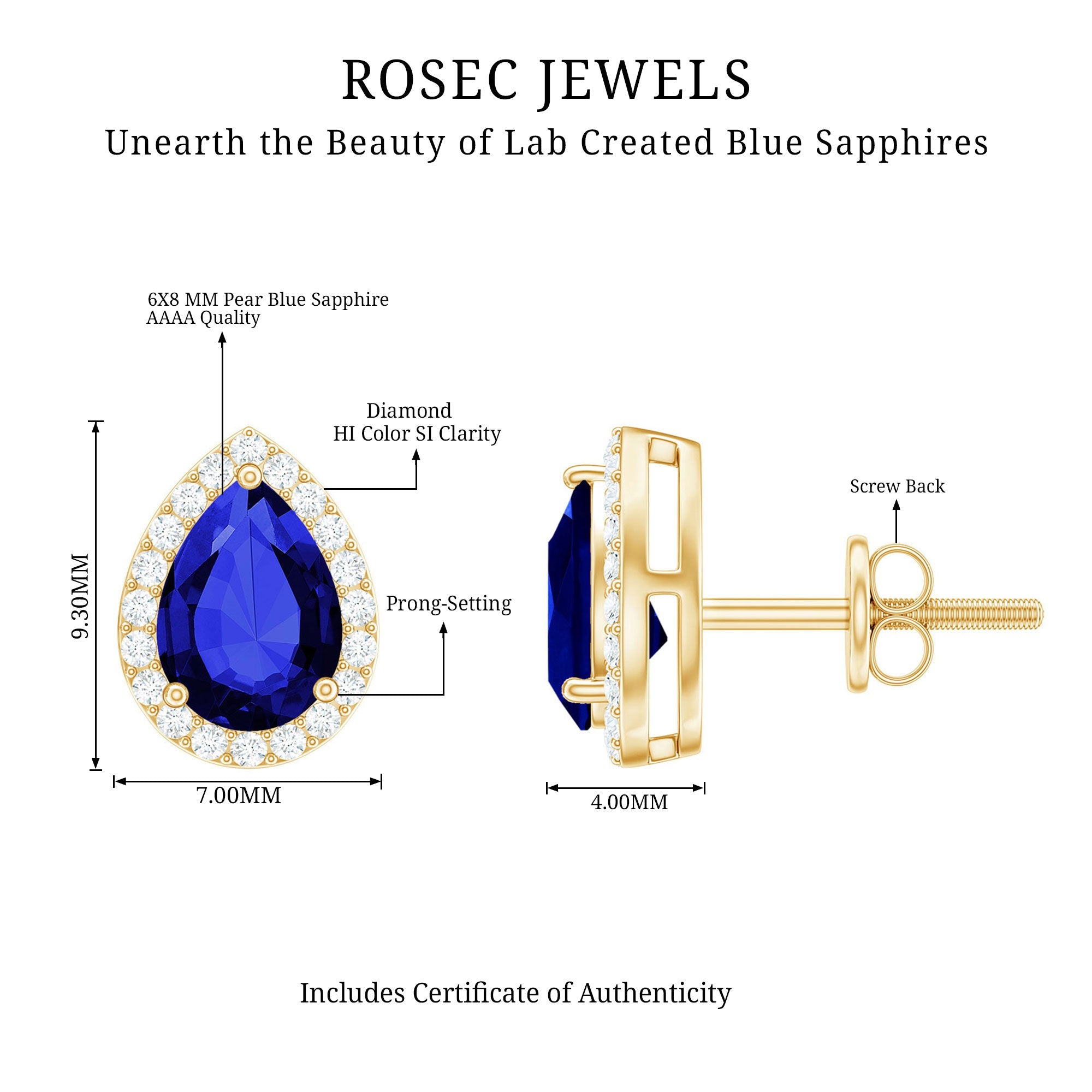 Certified Lab Created Blue Sapphire and Diamond Stud Earrings