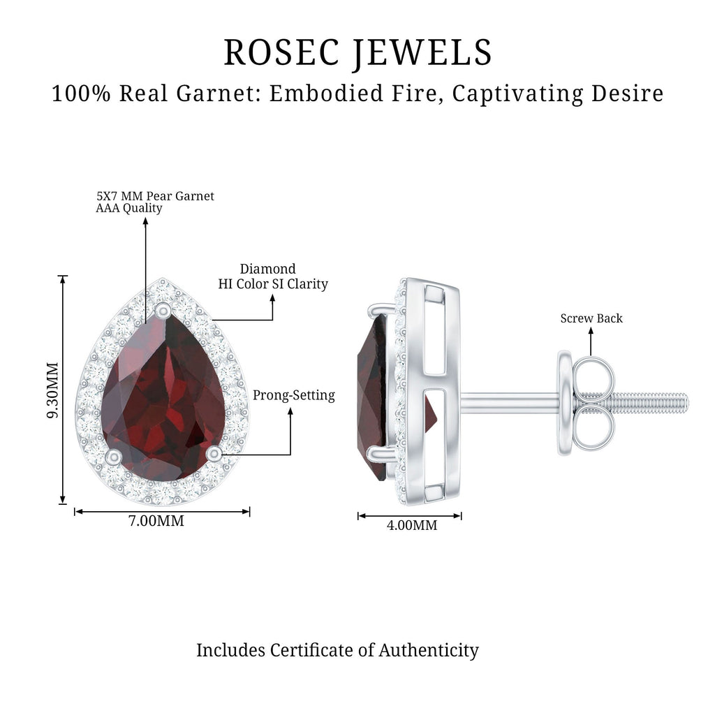 Natural 5X7MM Garnet Teardrop Stud Earrings with Diamond Halo