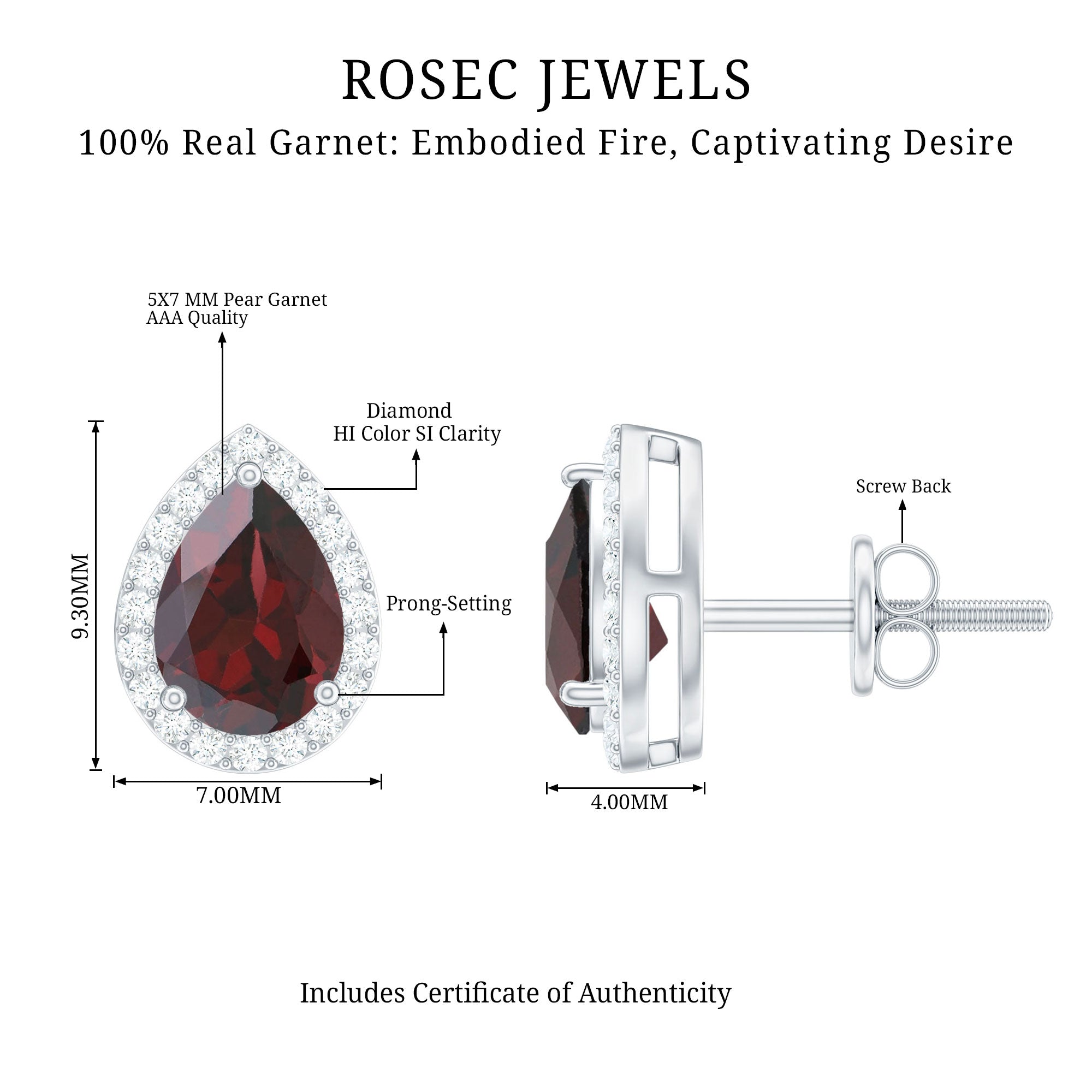 Natural 5X7MM Garnet Teardrop Stud Earrings with Diamond Halo