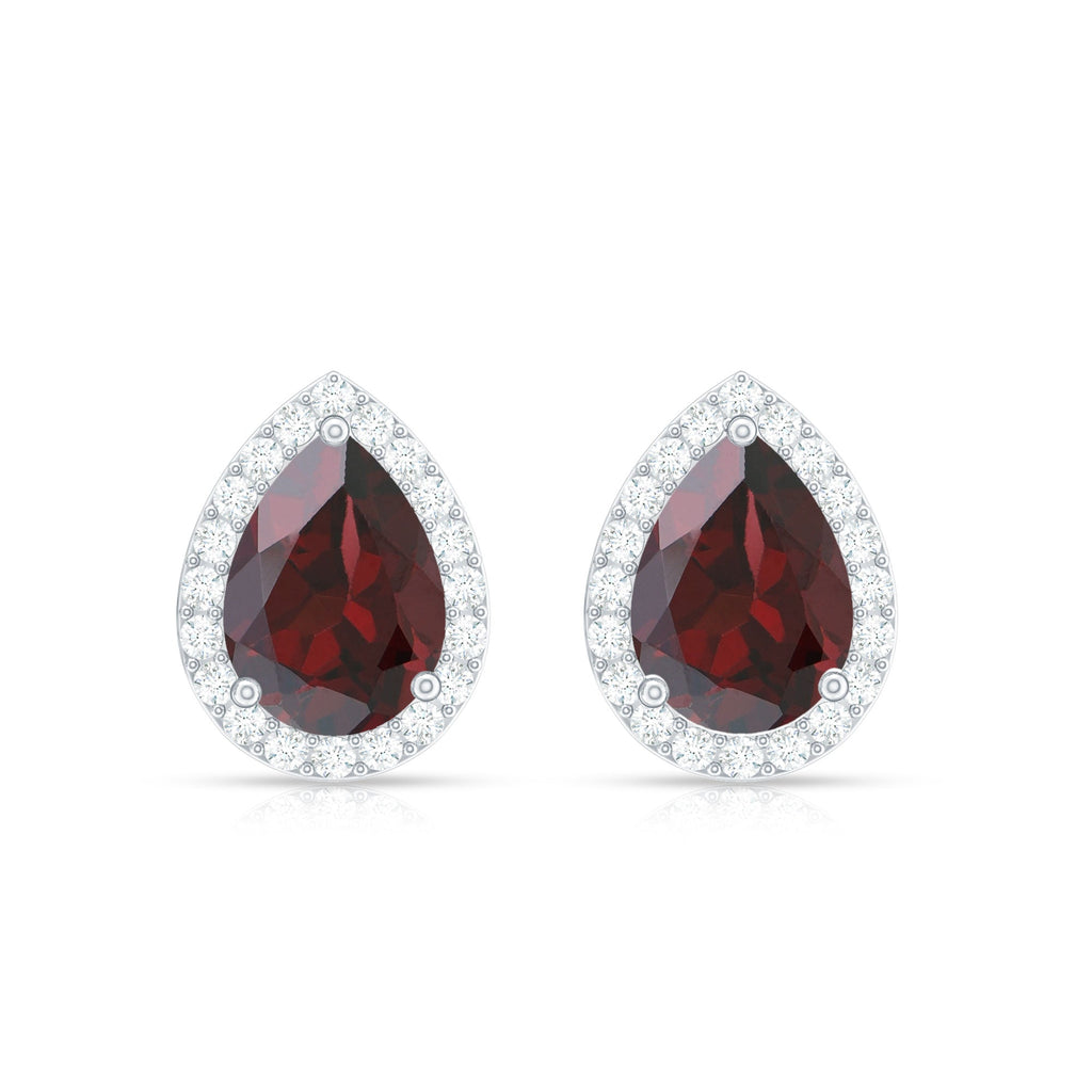 Natural 5X7MM Garnet Teardrop Stud Earrings with Diamond Halo