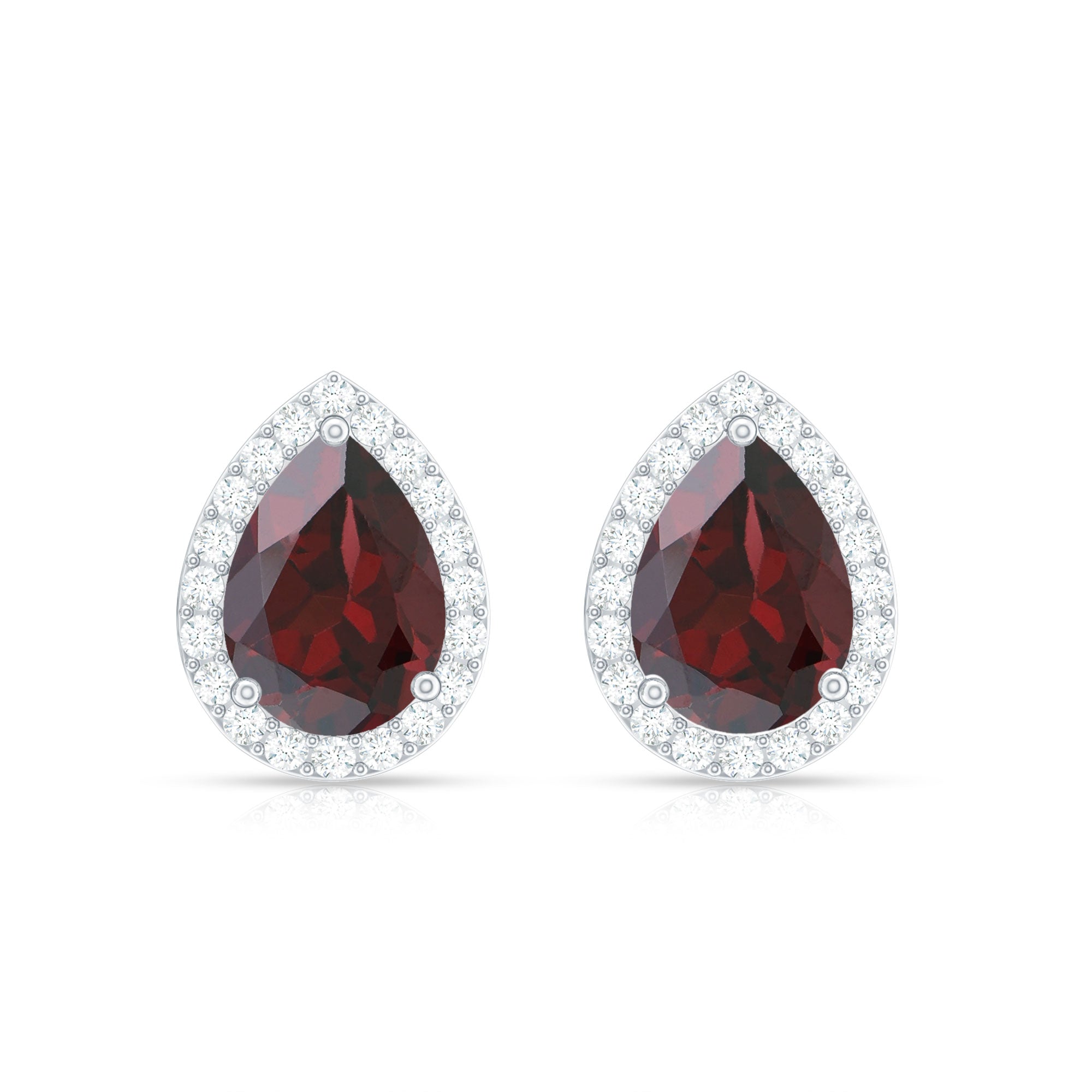 Natural 5X7MM Garnet Teardrop Stud Earrings with Diamond Halo