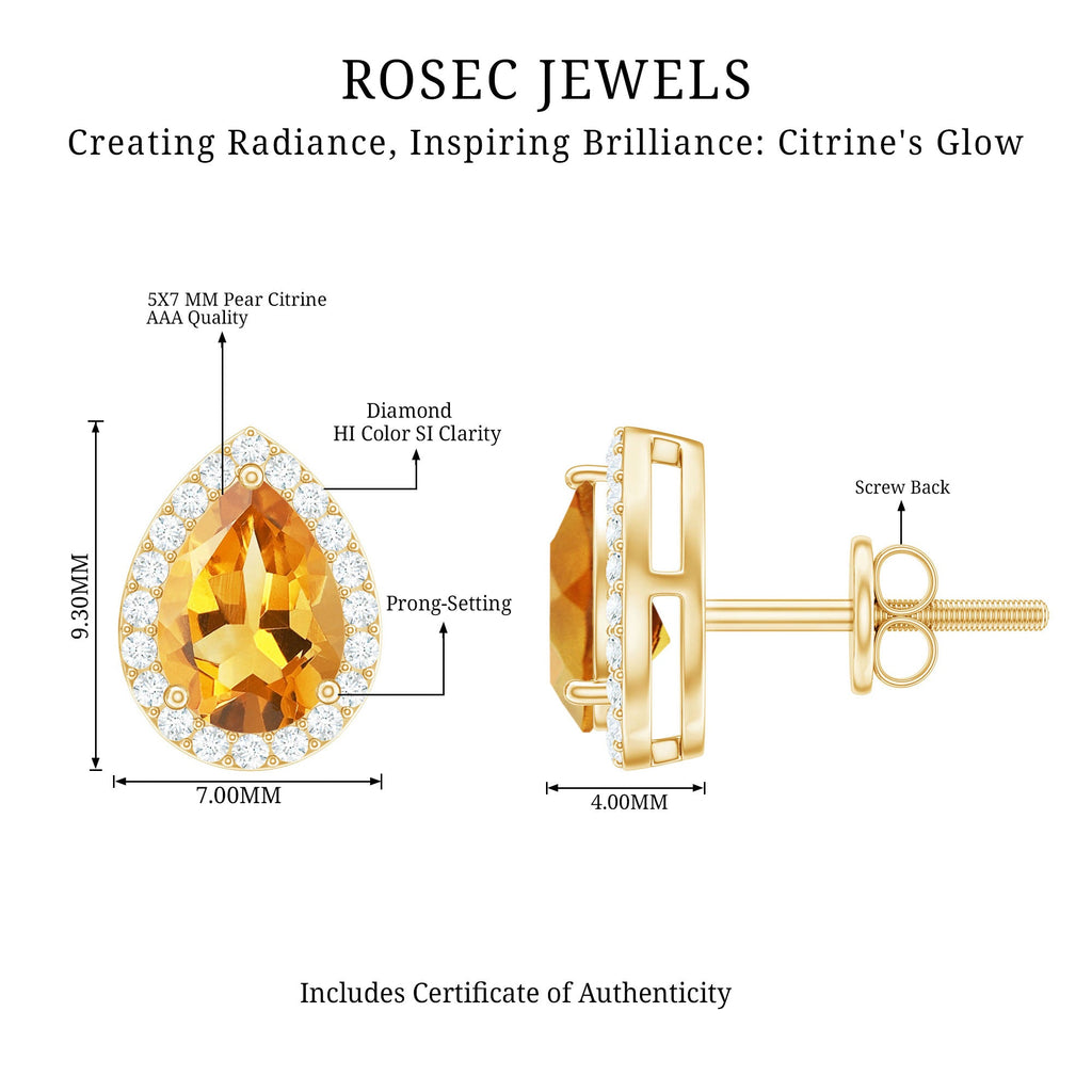 Certified Real Pear Shape Citrine Stud Earrings with Diamond Halo