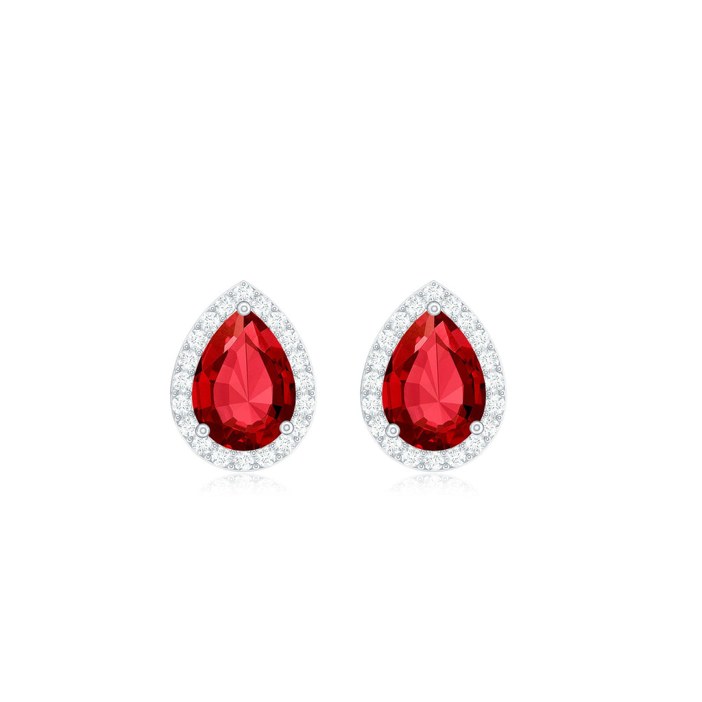 Lab Created Ruby Teardrop Stud Earrings with Diamond Halo