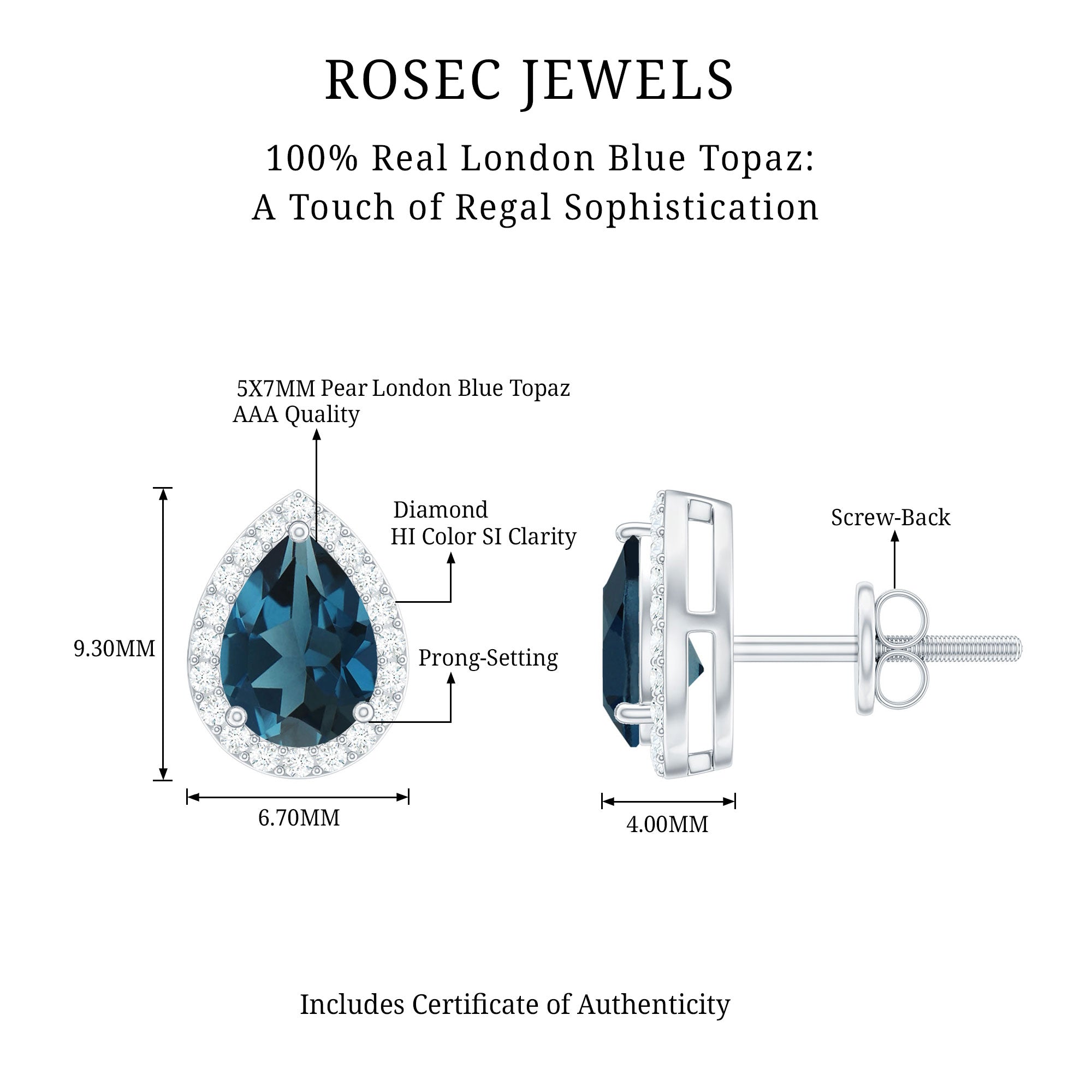 Real London Blue Topaz Teardrop Stud Earrings with Diamond Halo