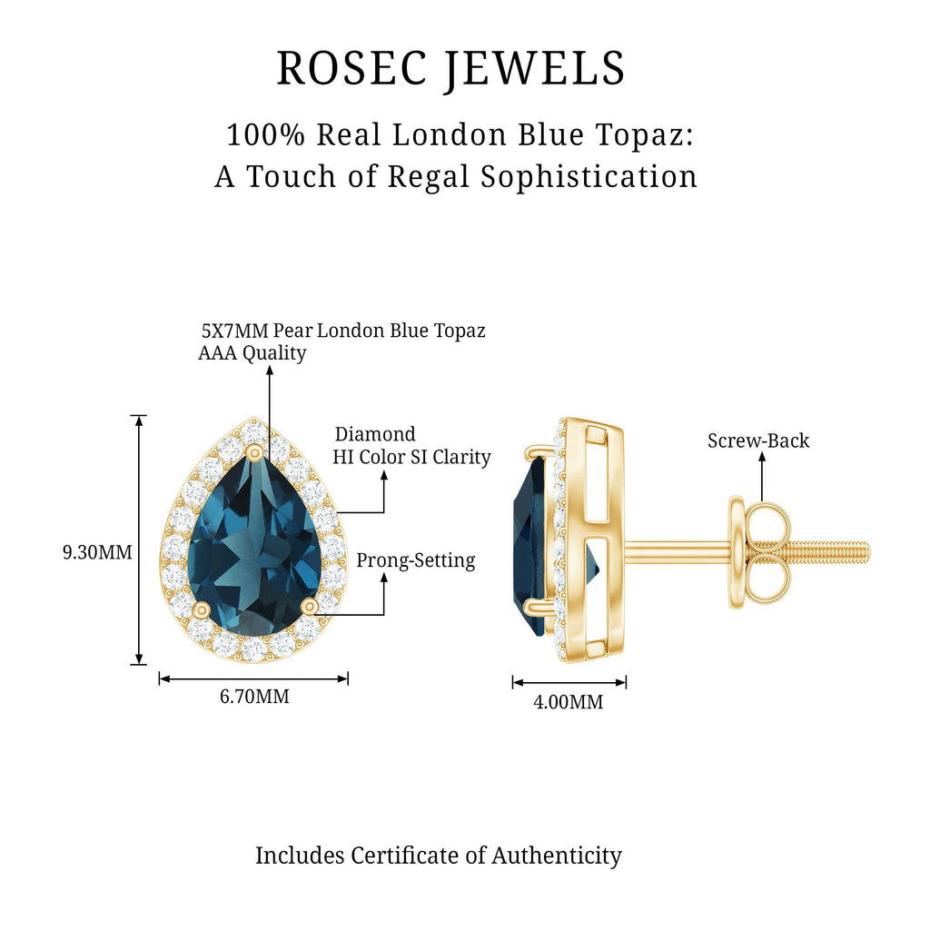 Real London Blue Topaz Teardrop Stud Earrings with Diamond Halo