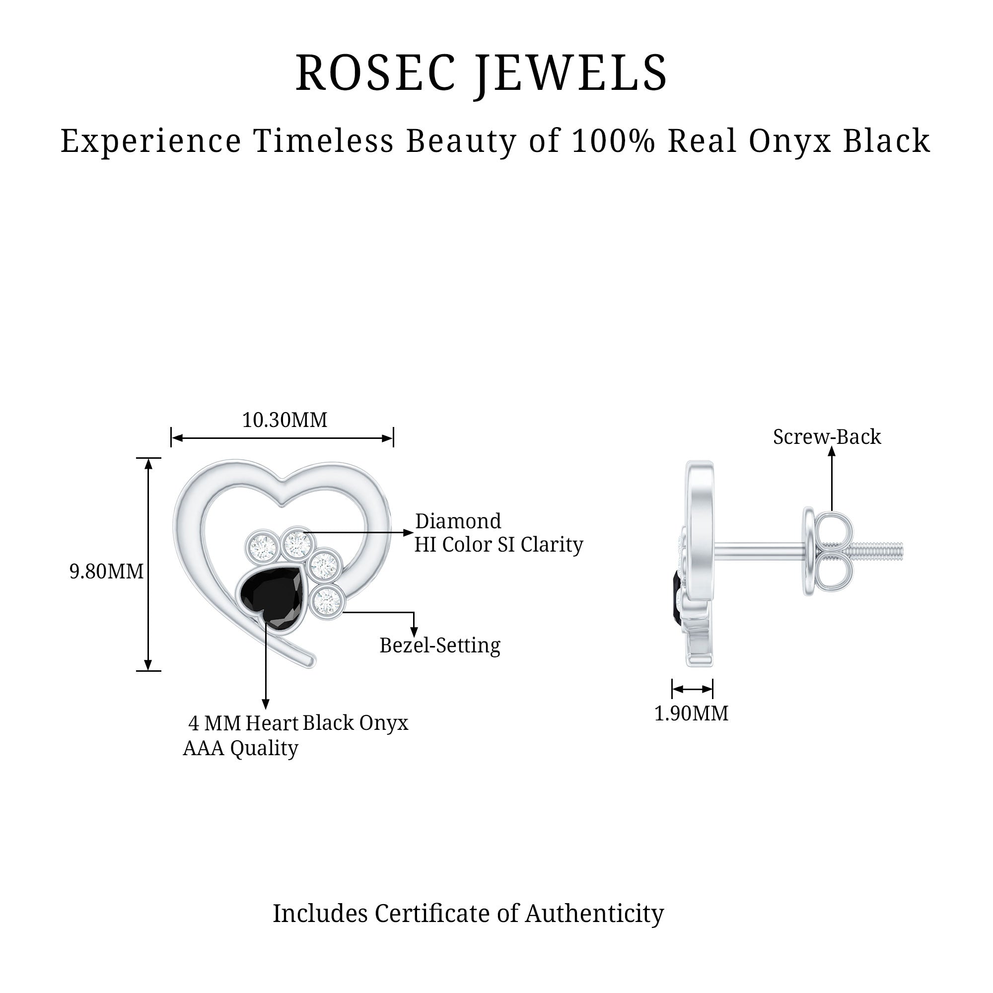 Heart Shape Black Onyx and Diamond Paw Stud Earrings