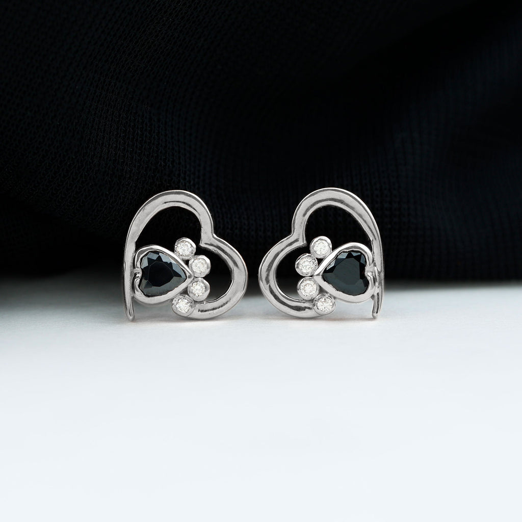Heart Shape Black Onyx and Diamond Paw Stud Earrings