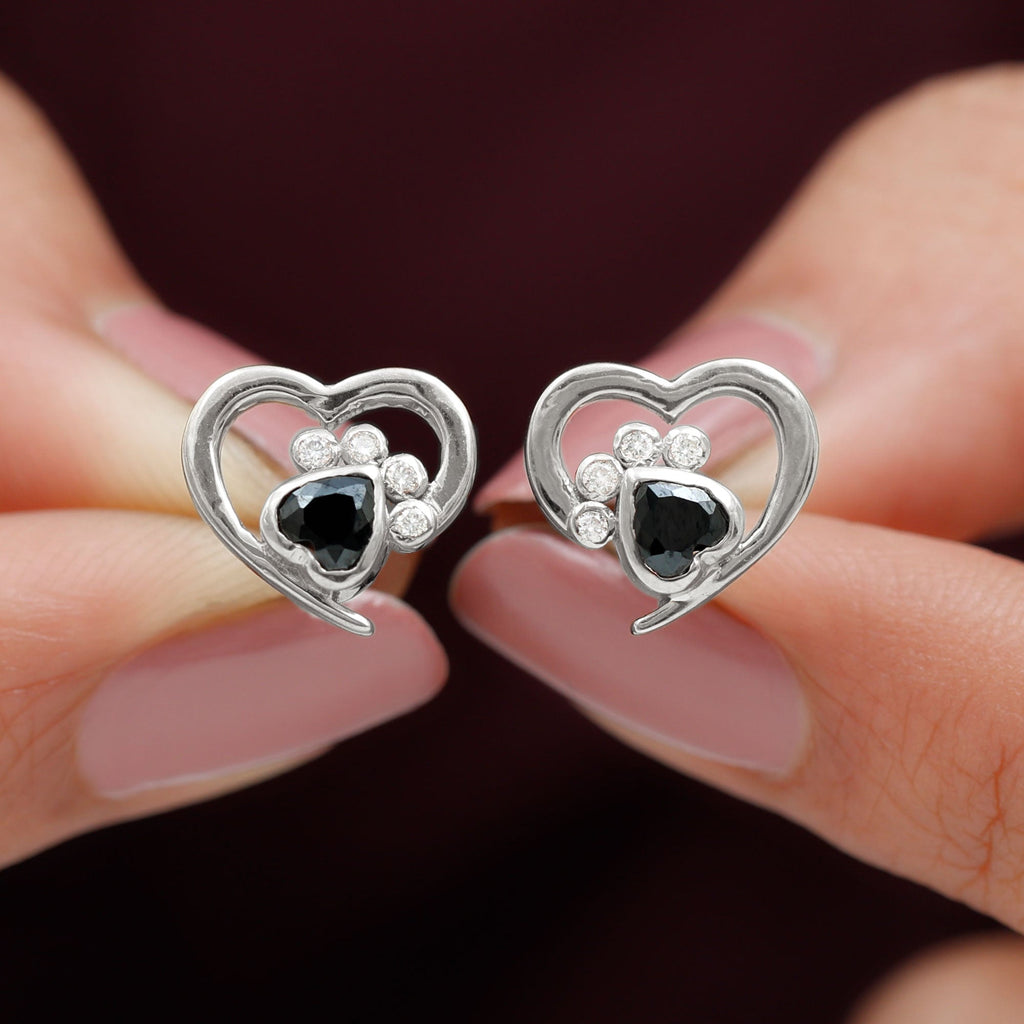 Heart Shape Black Onyx and Diamond Paw Stud Earrings