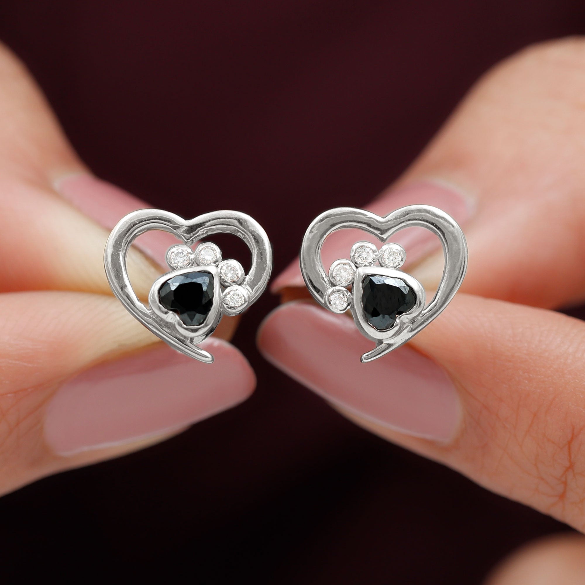 Heart Shape Black Onyx and Diamond Paw Stud Earrings