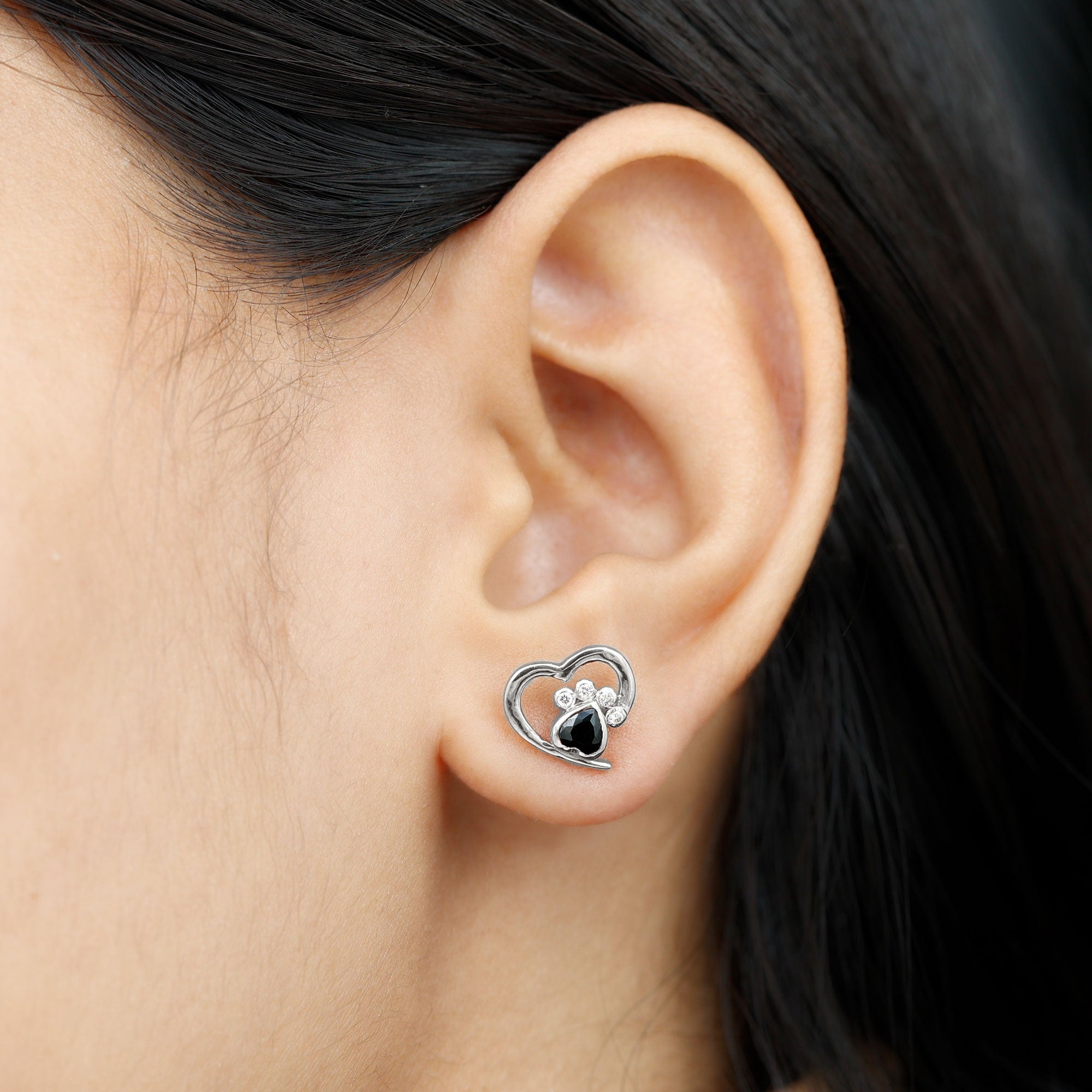 Heart Shape Black Onyx and Diamond Paw Stud Earrings