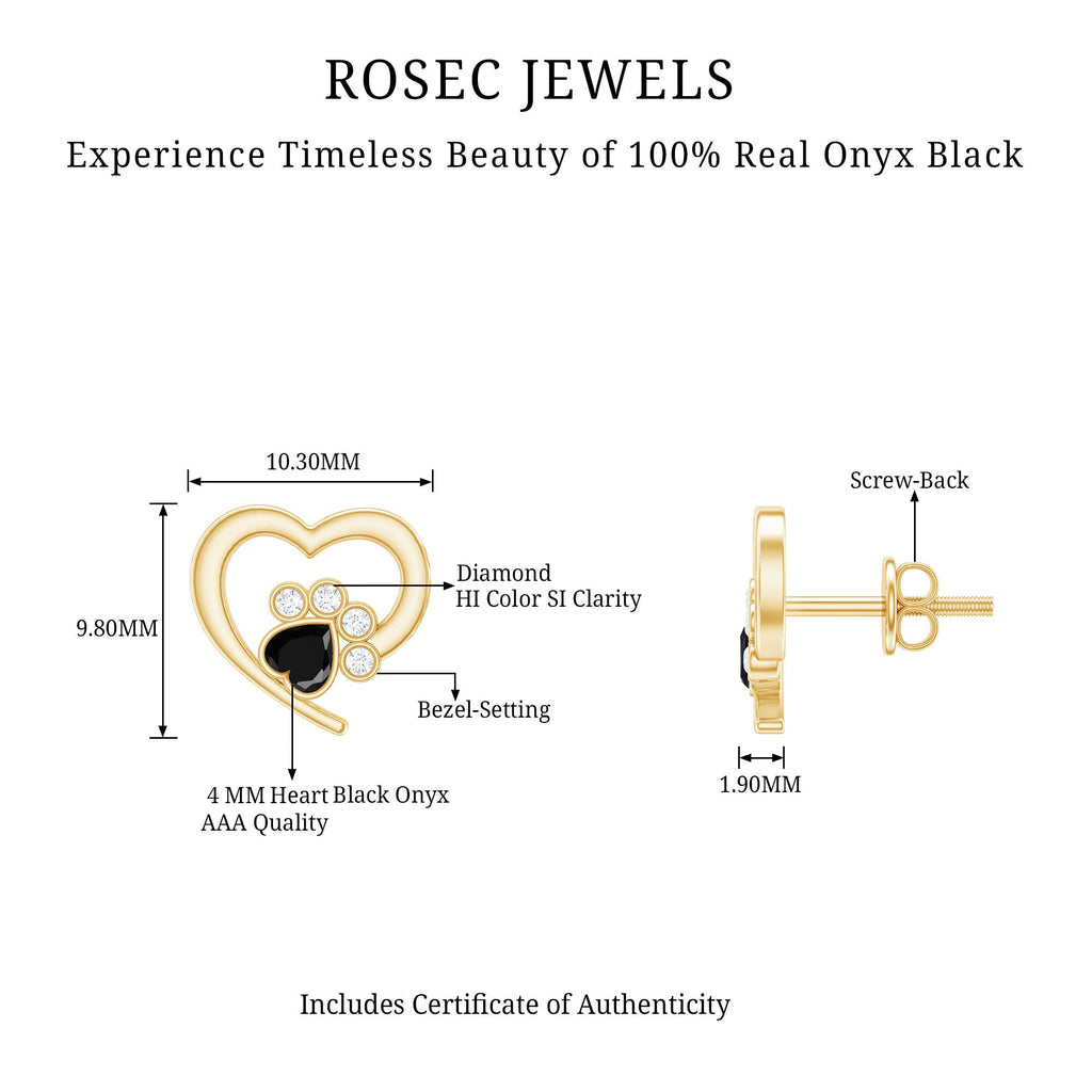 Heart Shape Black Onyx and Diamond Paw Stud Earrings