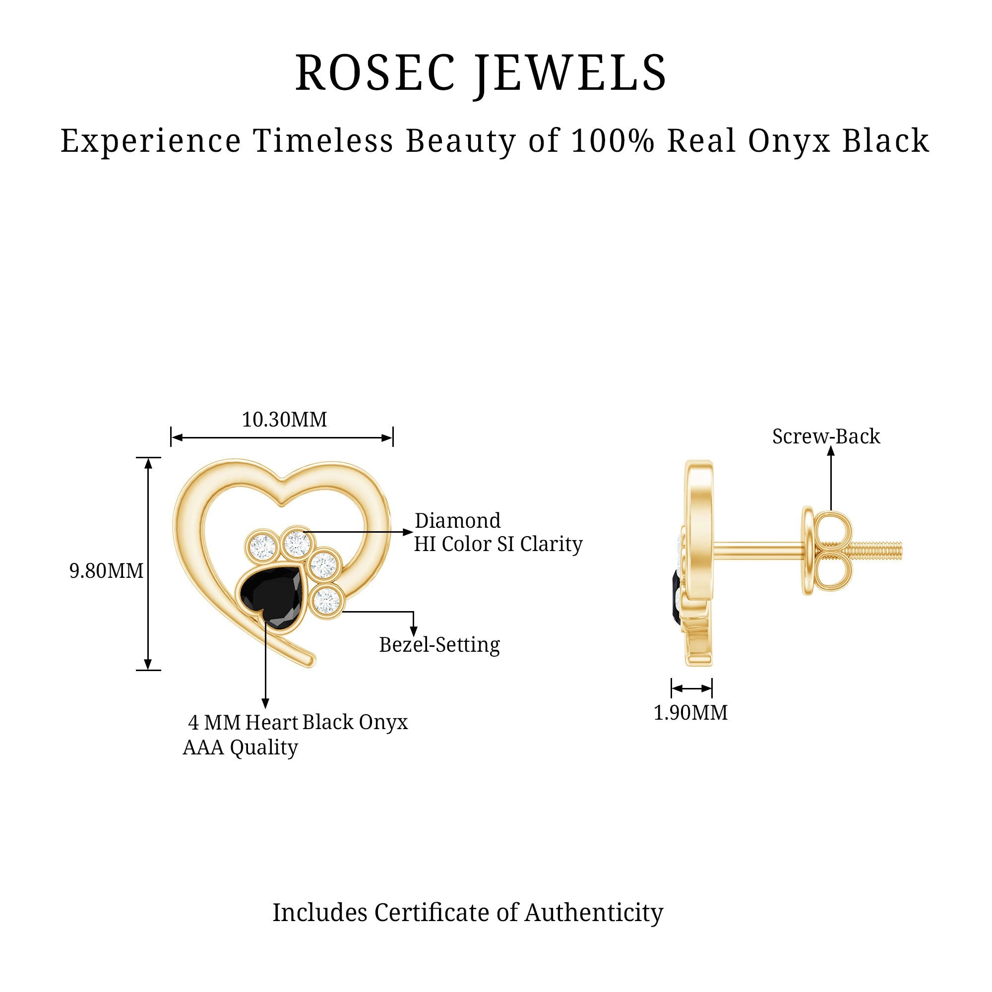 Heart Shape Black Onyx and Diamond Paw Stud Earrings