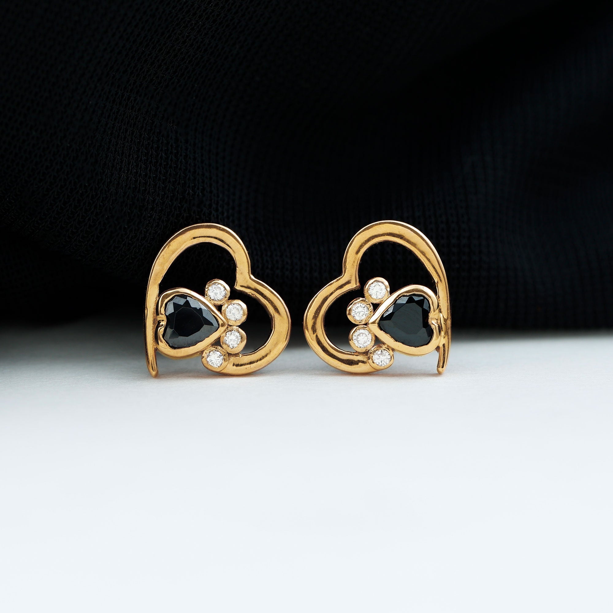 Heart Shape Black Onyx and Diamond Paw Stud Earrings