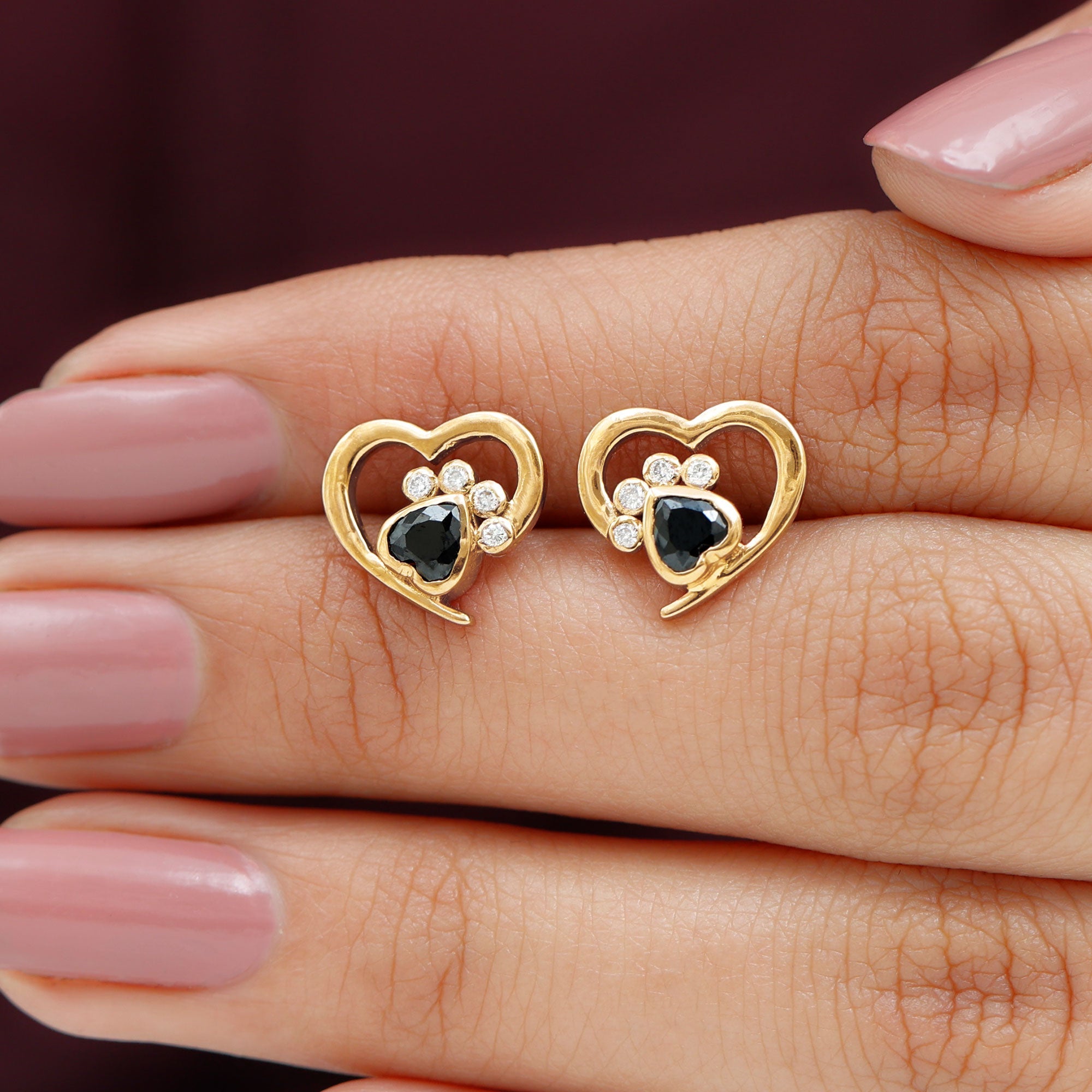 Heart Shape Black Onyx and Diamond Paw Stud Earrings
