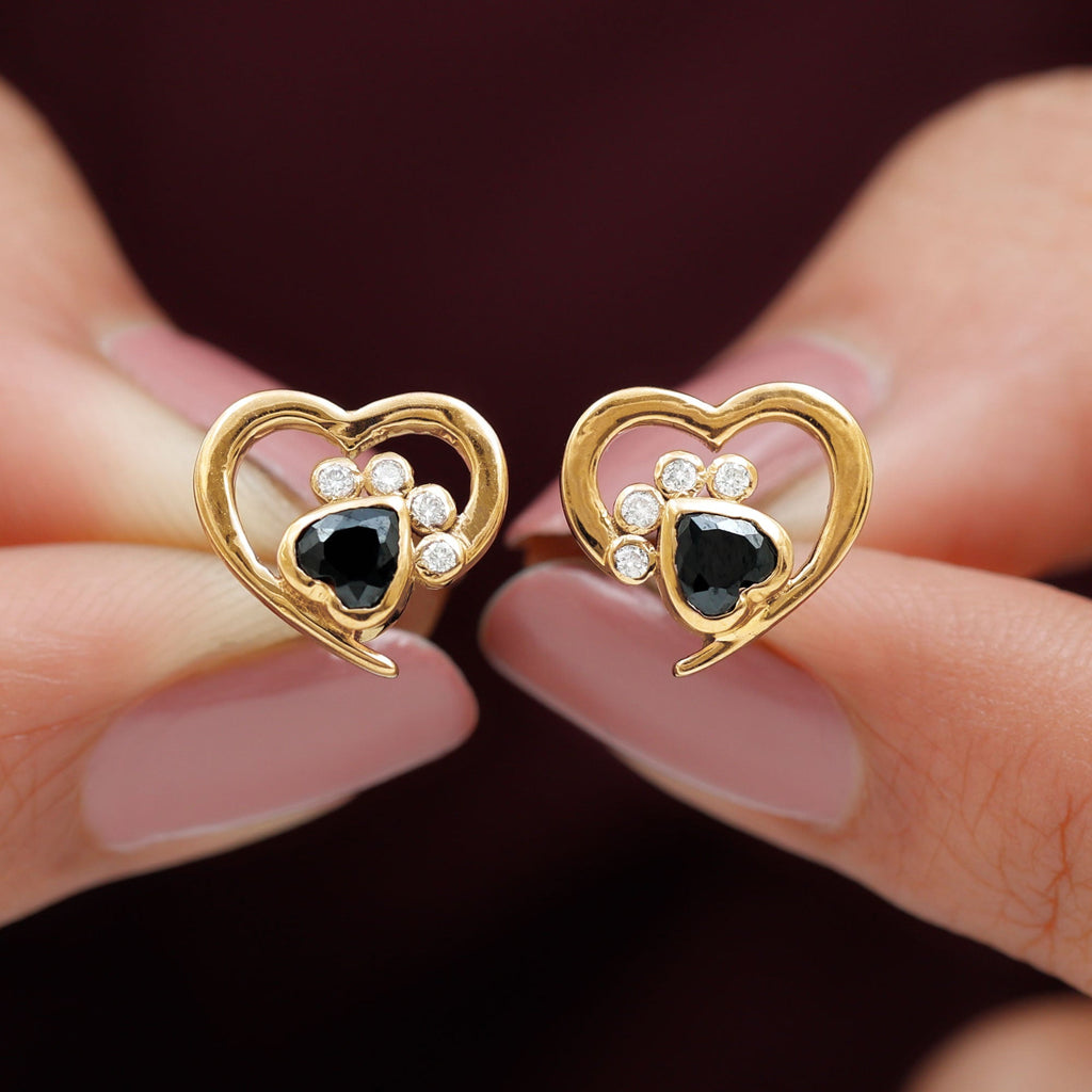 Heart Shape Black Onyx and Diamond Paw Stud Earrings