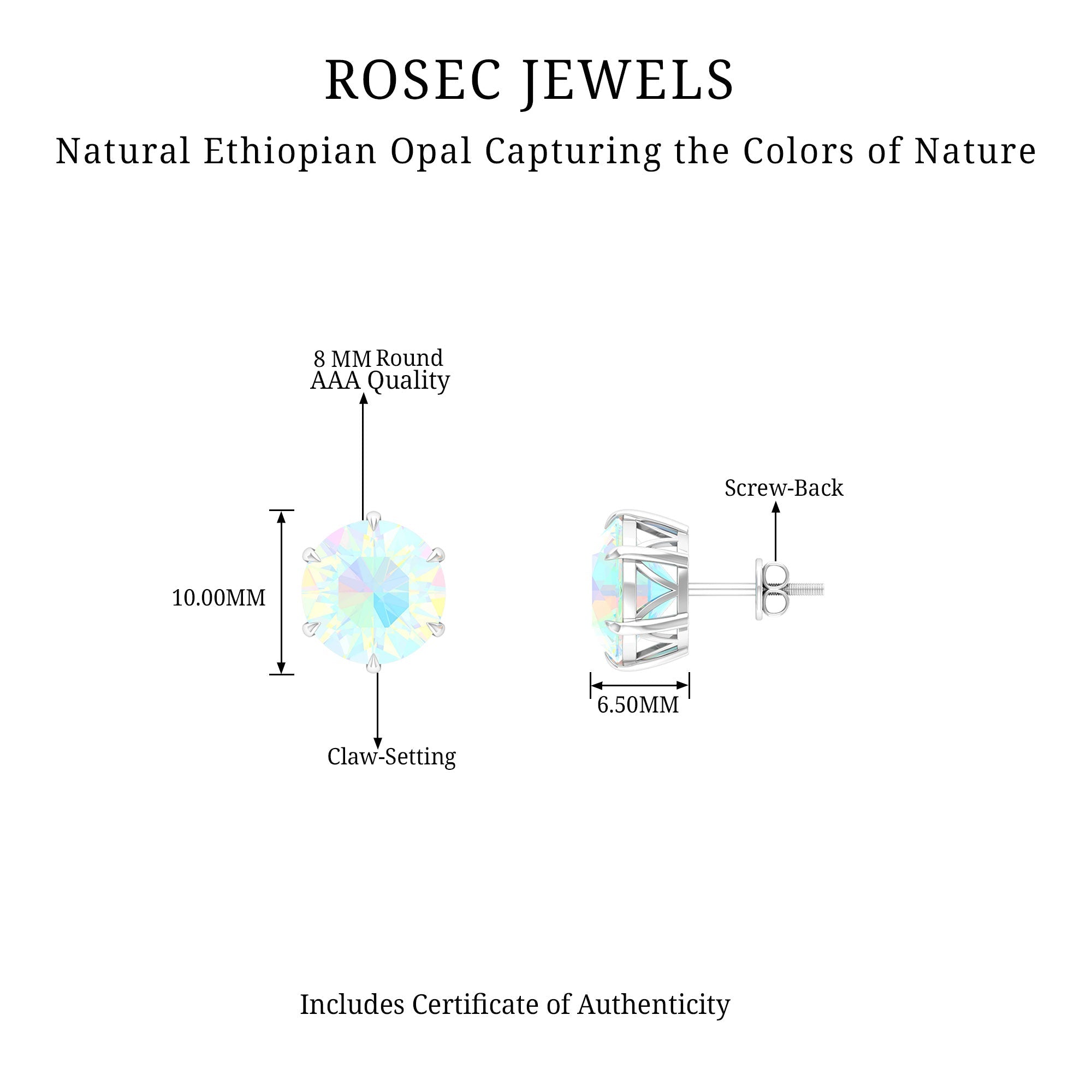 8 MM Genuine Round Ethiopian Opal Solitaire Stud Earrings in 6 Claw Setting